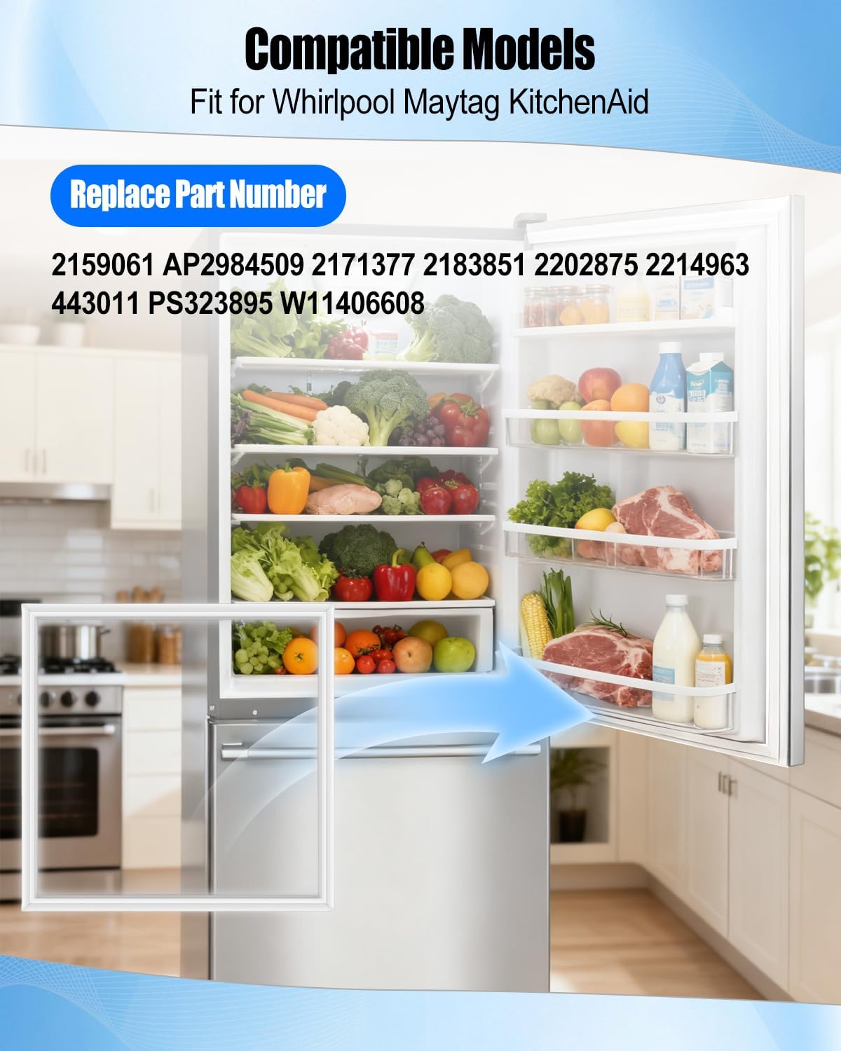 2159061 Refrigerator Fresh Food Door Sealing Strip Compatible With Whirlpool Maytag KitchenAid, Replace AP2984509 2171377 2183851 2202875 2214963 443011 PS323895 W11406608