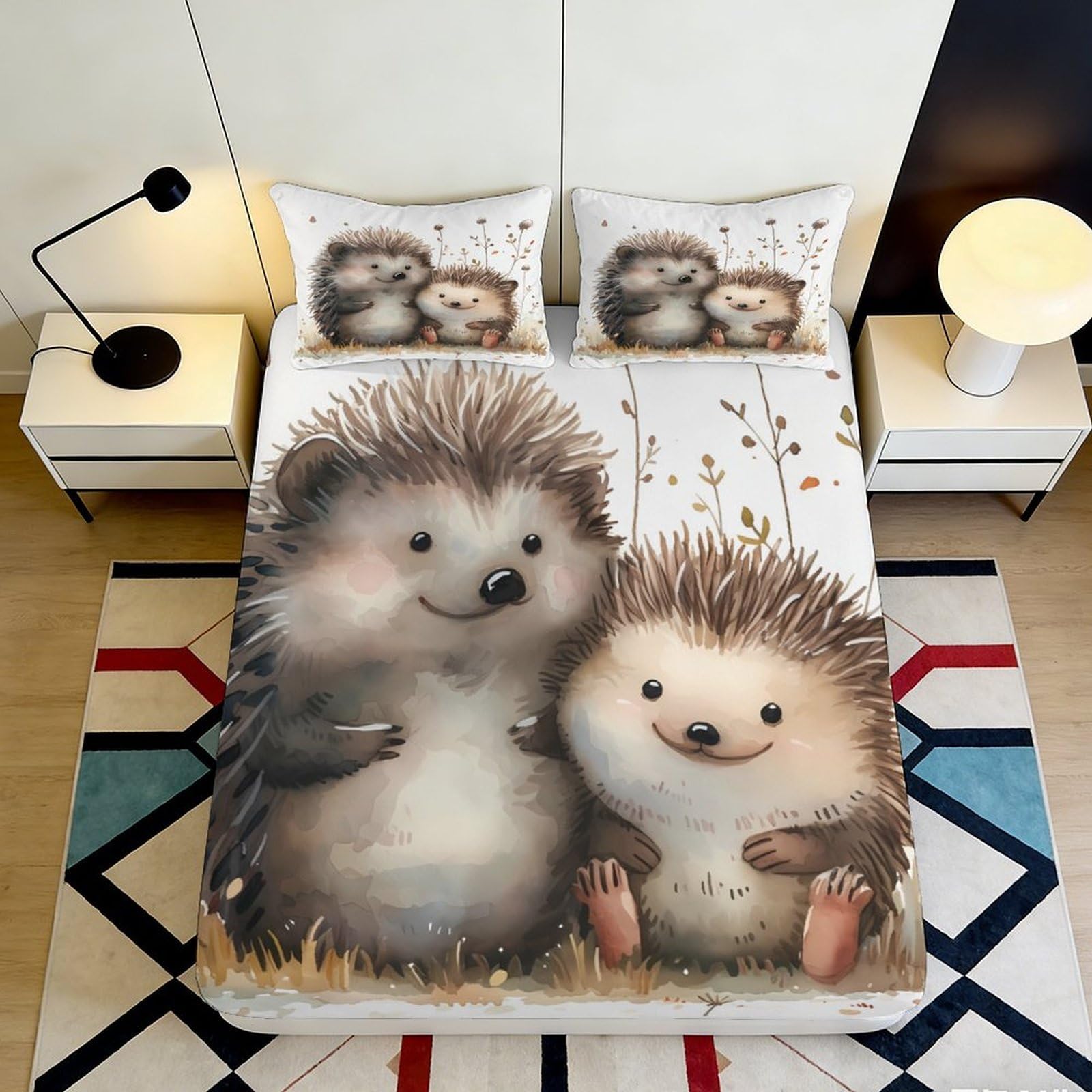 3D Printed Hedgehog Fitted Sheet Microfiber Deep Pocket Non-Slip Bedding Decor Hedgehog Mattress Fitted Cover Washable 120x200x25cm