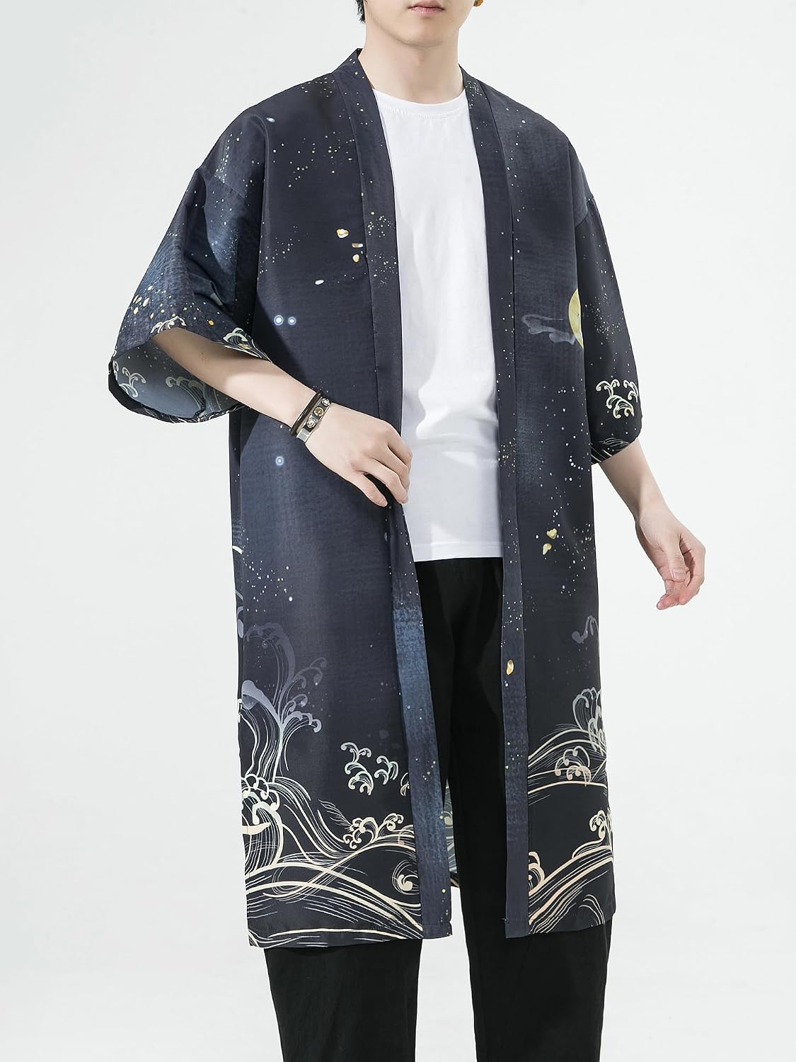 Men Japanese Kimono Coat Loose Yukata Outwear Long Bathrobe Tops Vintage