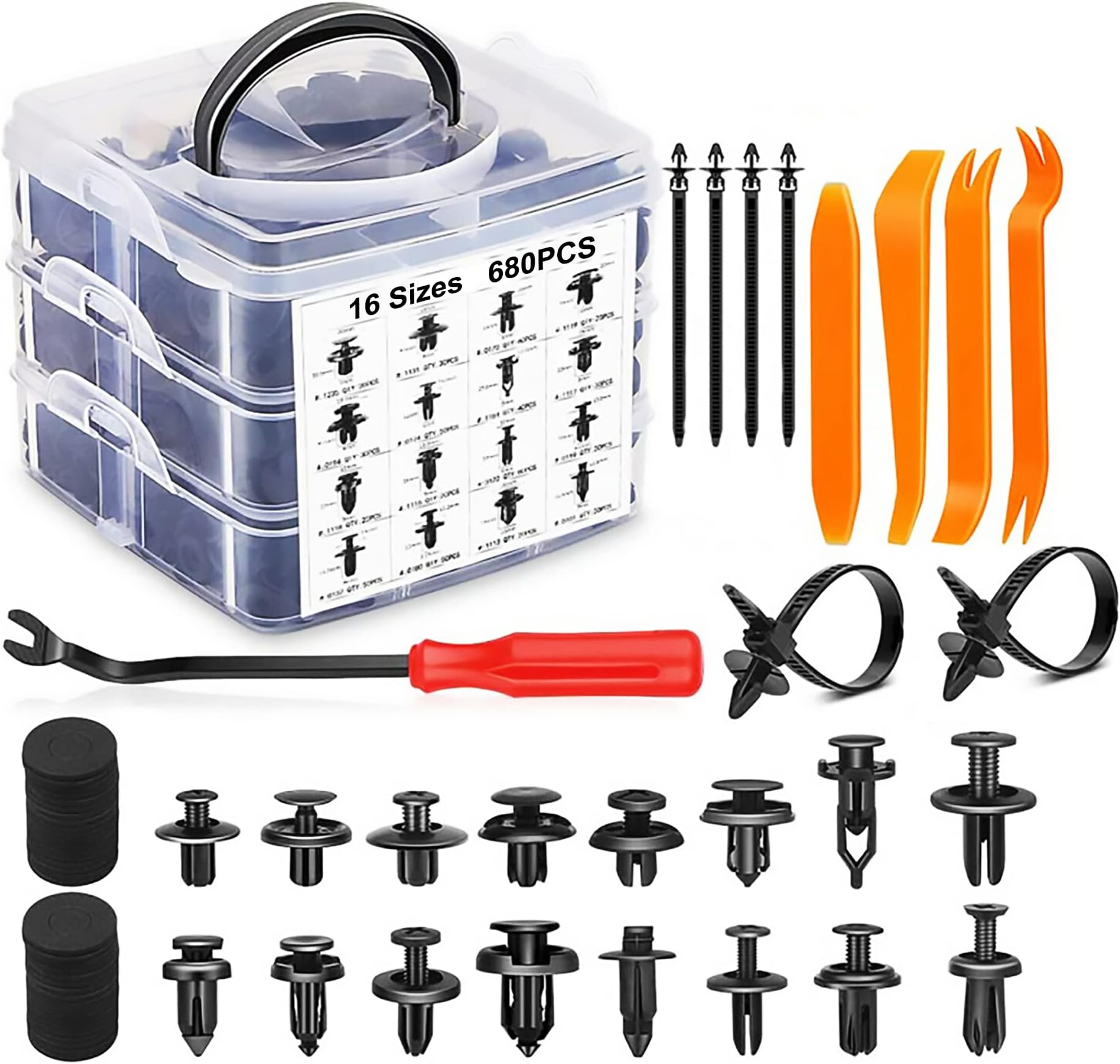 Nessa 726pcs Car Retainer Clips & Nylon Fasteners Kit,16 Sizes Auto Push Pin Rivets Set with Clips Removal Tool,Spongde-Cushion, Cable Tie