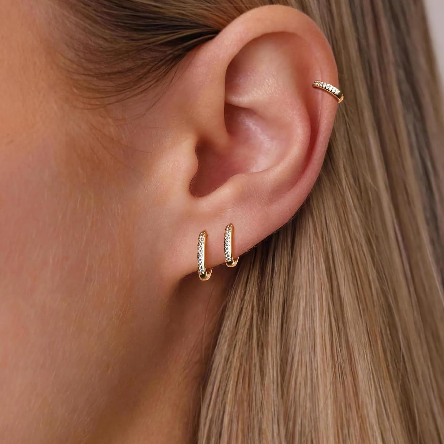 Small Hoop Earrings Cubic Zirconia Huggie Hoop Earrings 3 Pairs 14K Gold Plated Cartilage Piercing Earrings Tiny Trendy Earrings for Women Men Hypoallergenic Multiple Stack Jewelry Gift - Image 7