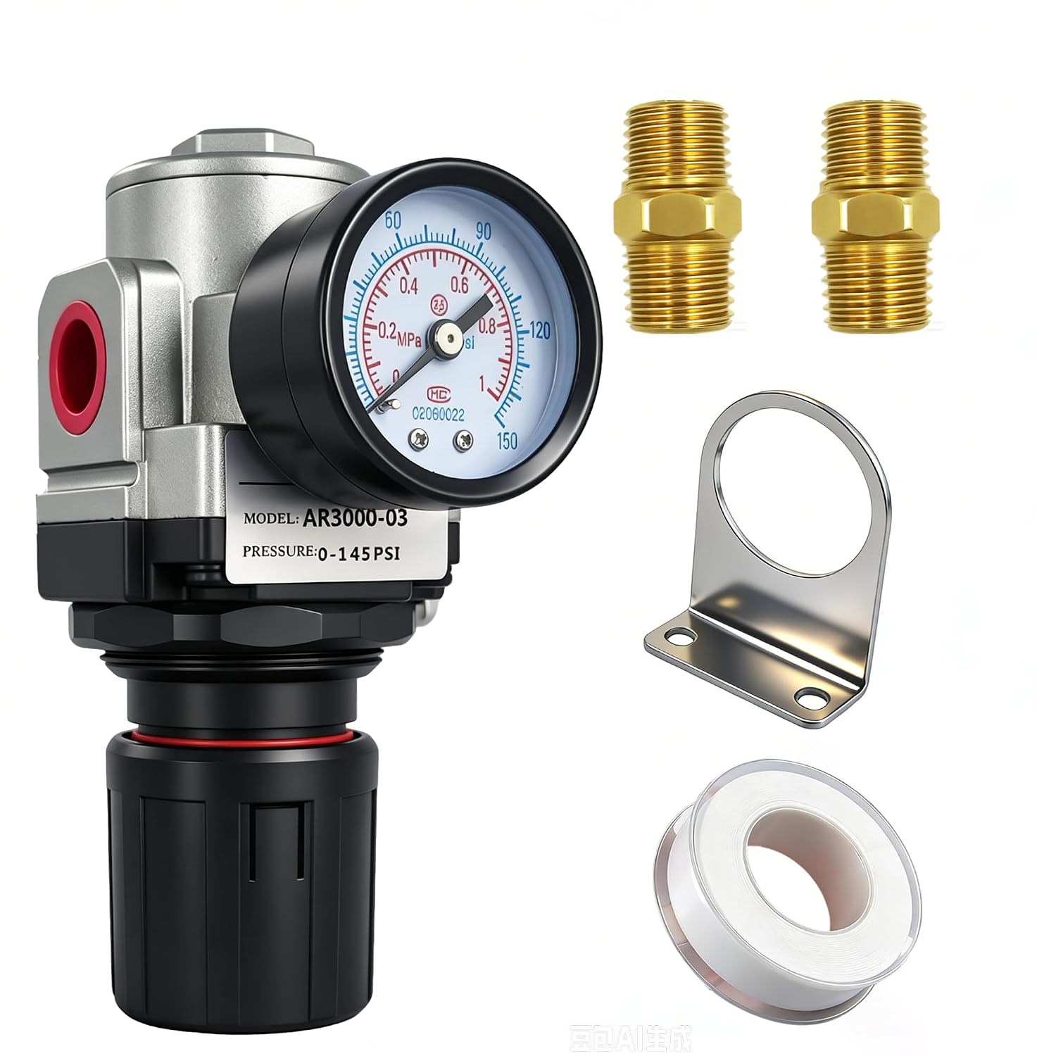 LTPC AR2000-02 Air Compressor Pressure Regulator with Bracket and Pressure Gauge 1/4-inch NPT Female Thread Connection 0-150 PSI Adjustable Equipped with 1/4-inch NPT Threaded Fittings