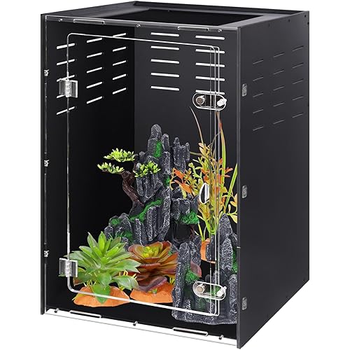 Reptile Tank Enclosure – 16x16x25 Crested Gecko Reptile Terrarium – Acrylic Habitat with Ventilation for Lizards, Snakes & Chameleon