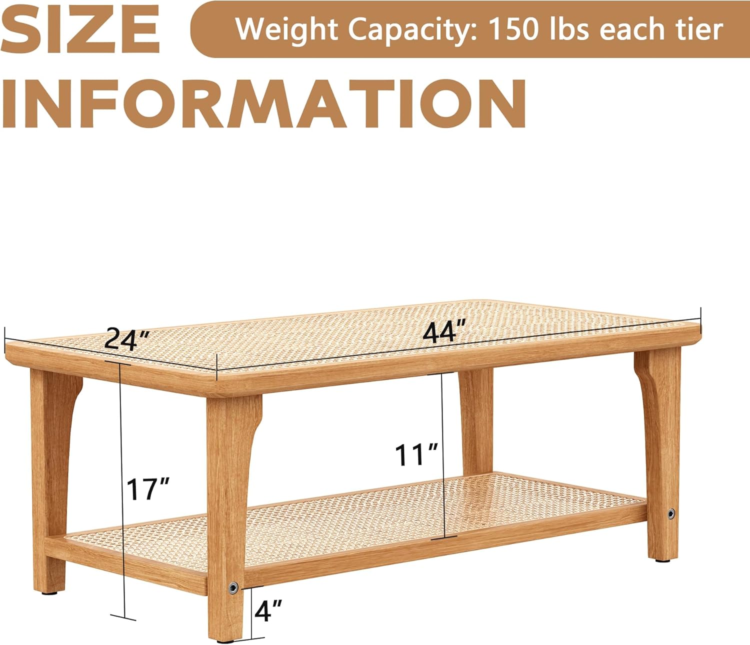 Yongchuang Rattan Rectangle Coffee Table Boho Wood Tea Table 44" Mid Century Modern 2-Tier Center Table for Living Room Office