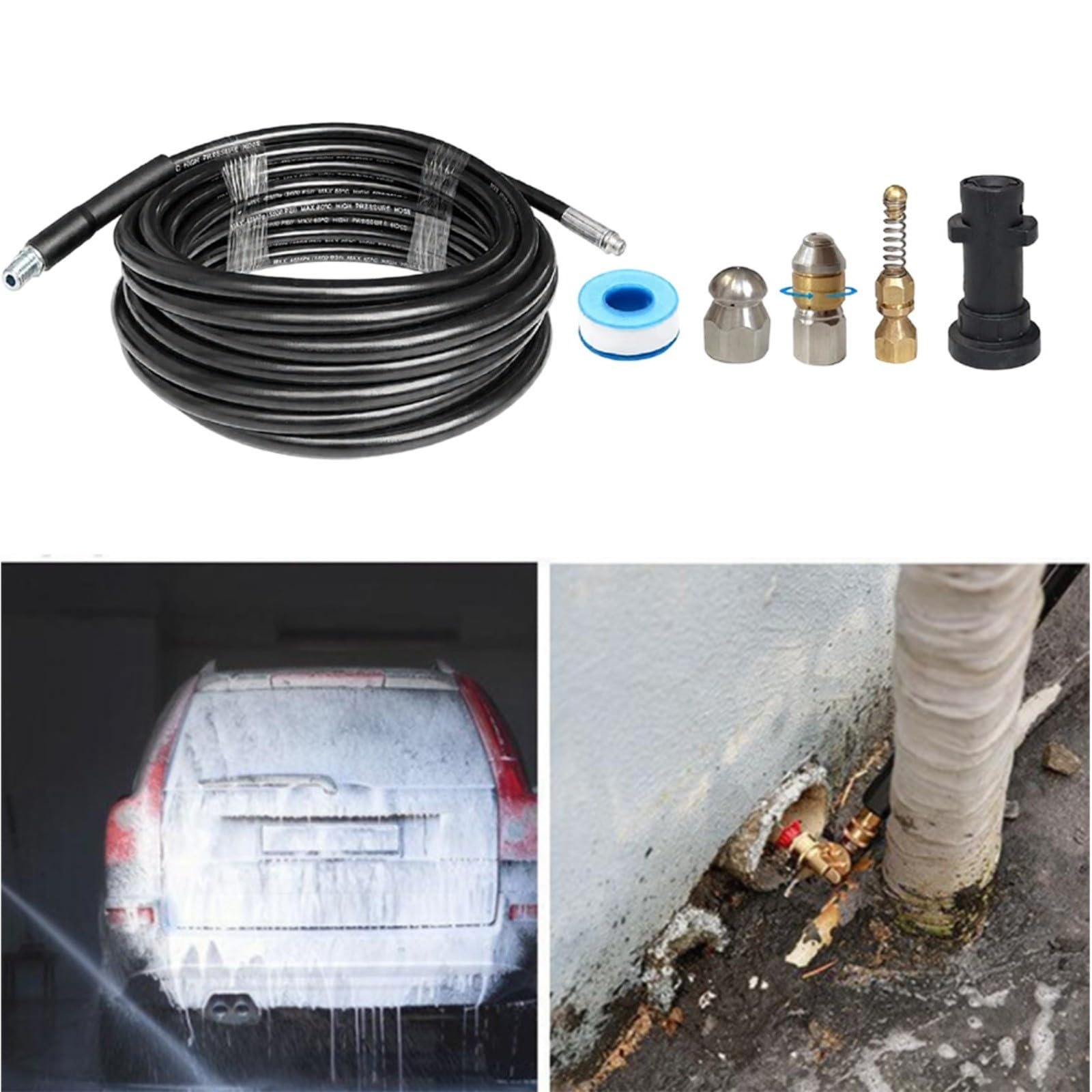 Kit de limpieza de manguera de drenaje de alta presión para Karcher K1-K5 con 3 boquillas y conector para desatascar tubos de drenaje al aire libre (15 m)