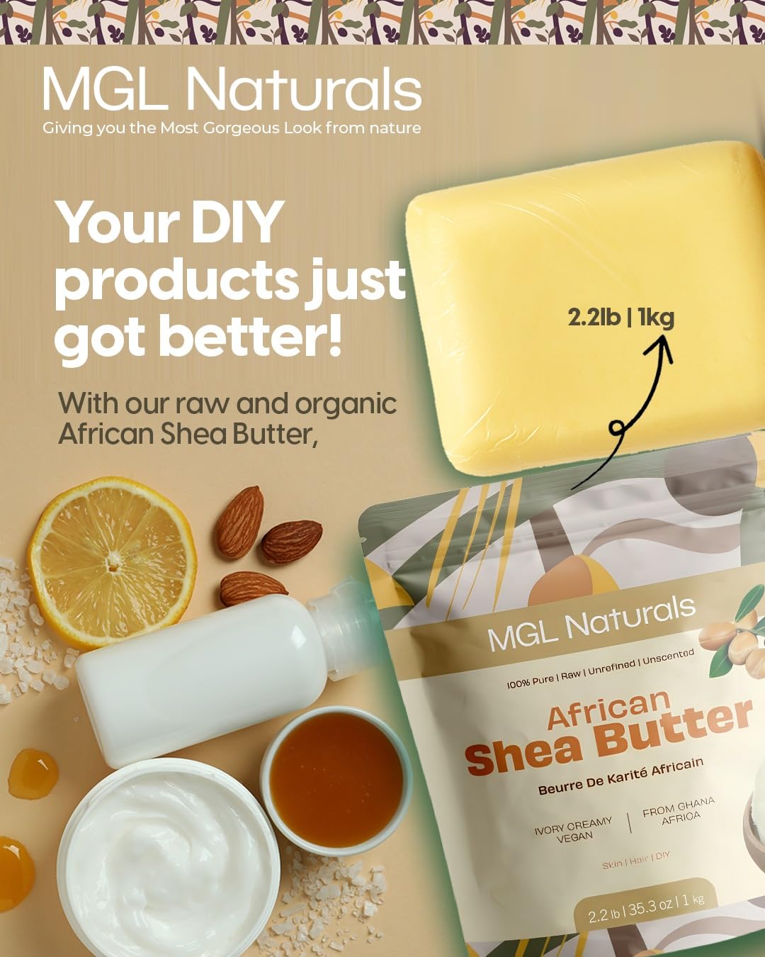 MGL Naturals Raw African Shea Butter Ivory 2.2 lb, 100% Pure, and Unrefined. Nourish and moisturize hair and skin. Use alone or DIY recipes. From Ghana. (2.2 lb | 35.3oz | 1kg)