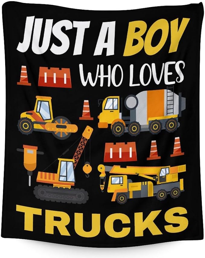 Construction Truck Blanket Gifts - 50x60 Inches Funny Throw Blanket for Boys - Black Soft Fuzzy Excavator Blankets for Bed, Couch & Living Room