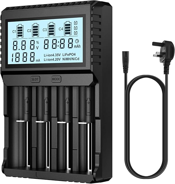 POWXS 18650 Battery Charger with Testing Functions, Universal 3.7V Charger for Li-Ion Rechargeable Batteries IMR Lithium 26650 21700 18650 16340 14500 10440, Ni-Mh AA AAA Batteries (with UK Plug)