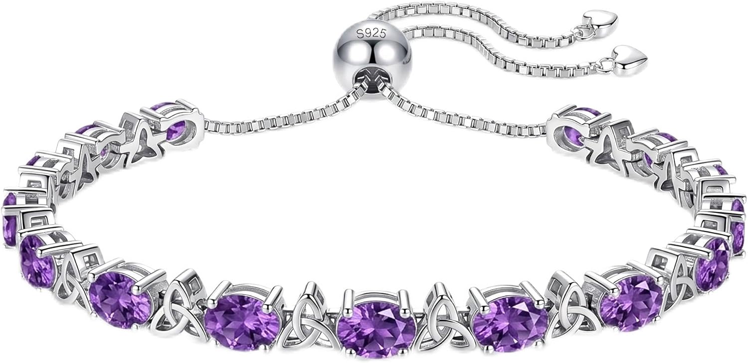 Birthstone Tennis Bracelet for Women, 7.5CT Oval Cut, White Gold Plated 925 Sterling Silver, Adjustable 6-8 inches Celtic Knot, Anniversary Birthday Gift