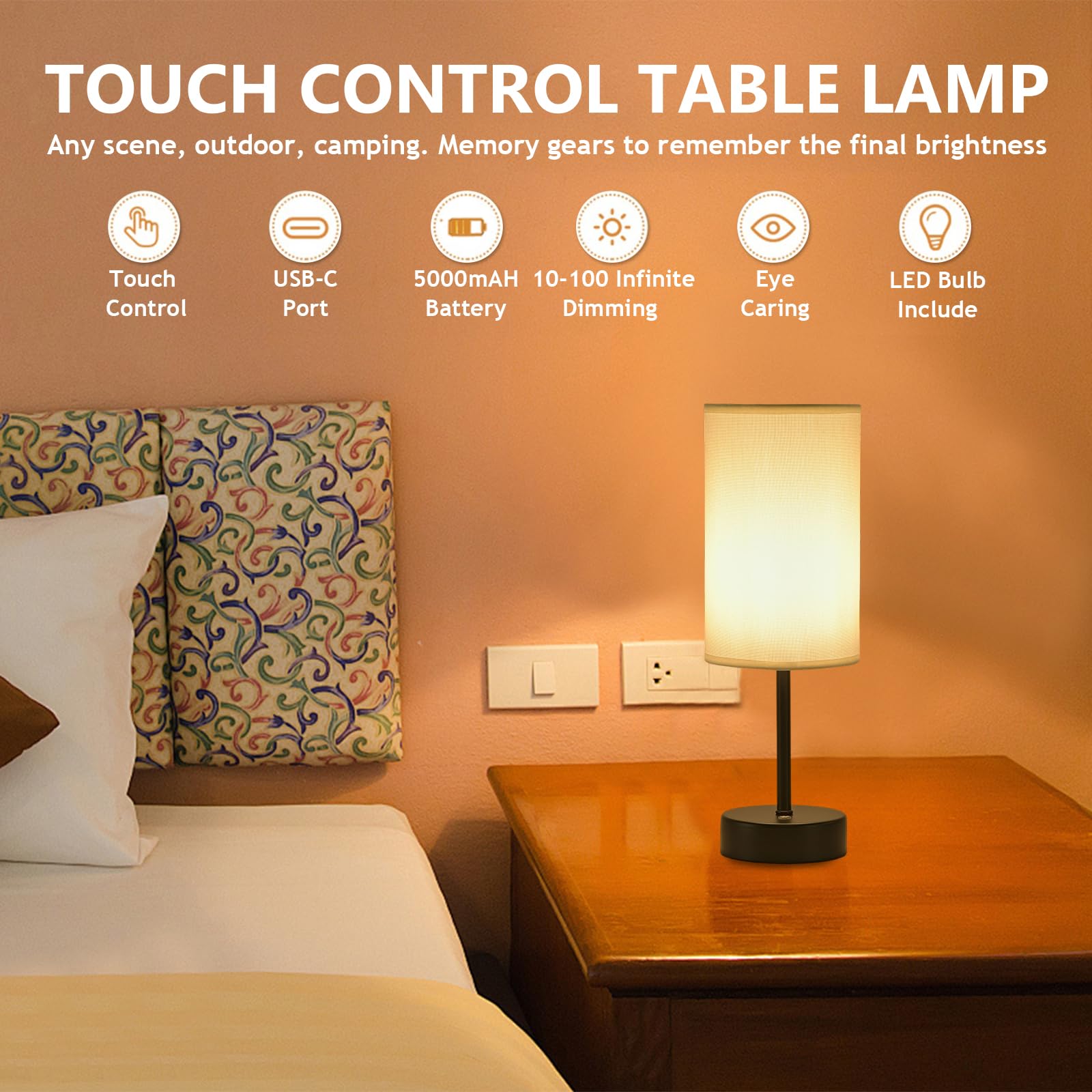 Lámpara de mesa inalámbrica – 5000 mAh recargable, lámpara de mesa con base de metal regulable, pantalla de tela, inalámbrica recargable, lámpara para casa, dormitorio, interior y exterior