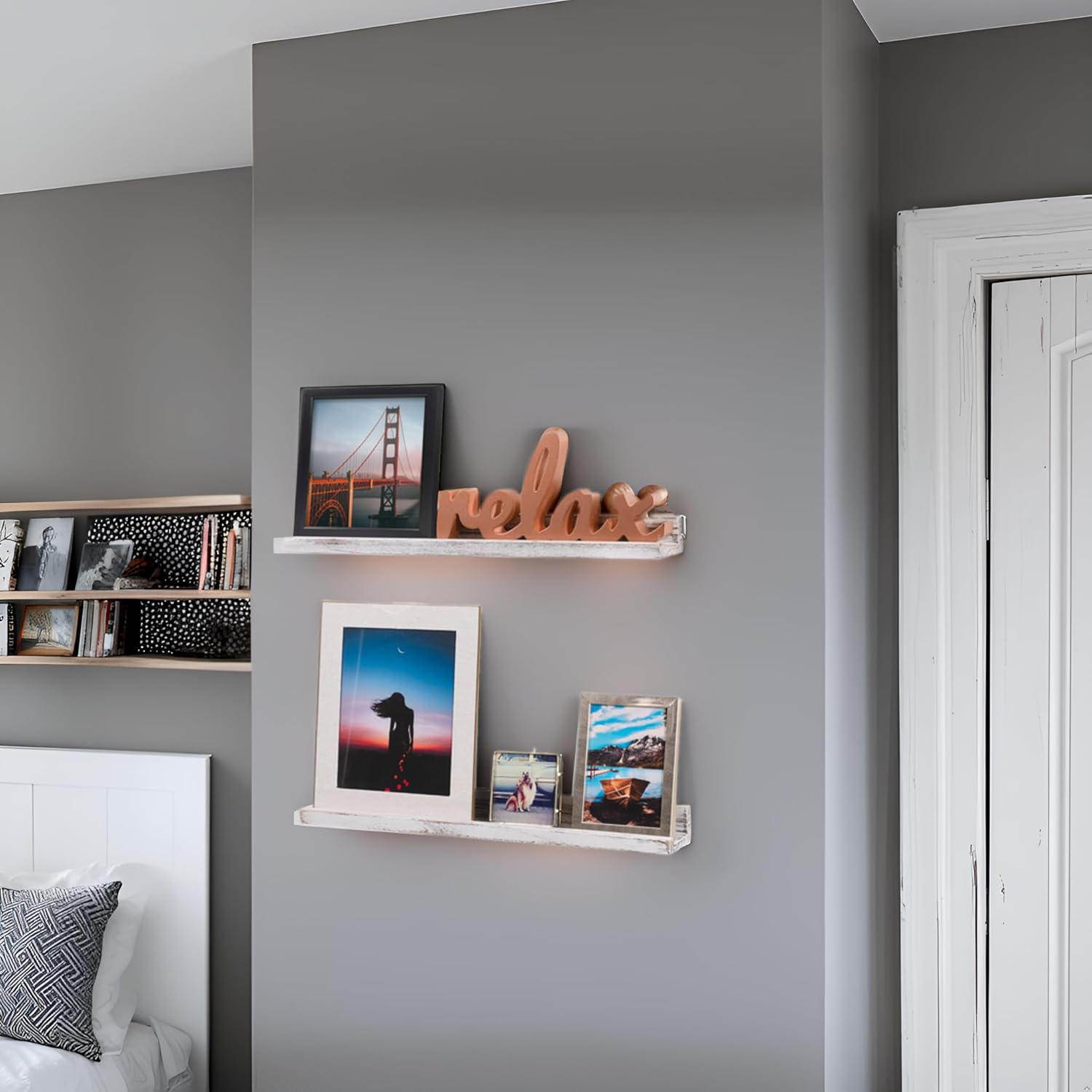 Rustic State Ted 36" Narrow Wall Mount Wood Picture Ledge Photo Frame Display Floating Shelf for Living Room, Office, Kitchen, Bedroom, Bathroom Décor Storage - Set of 2 - Washed White