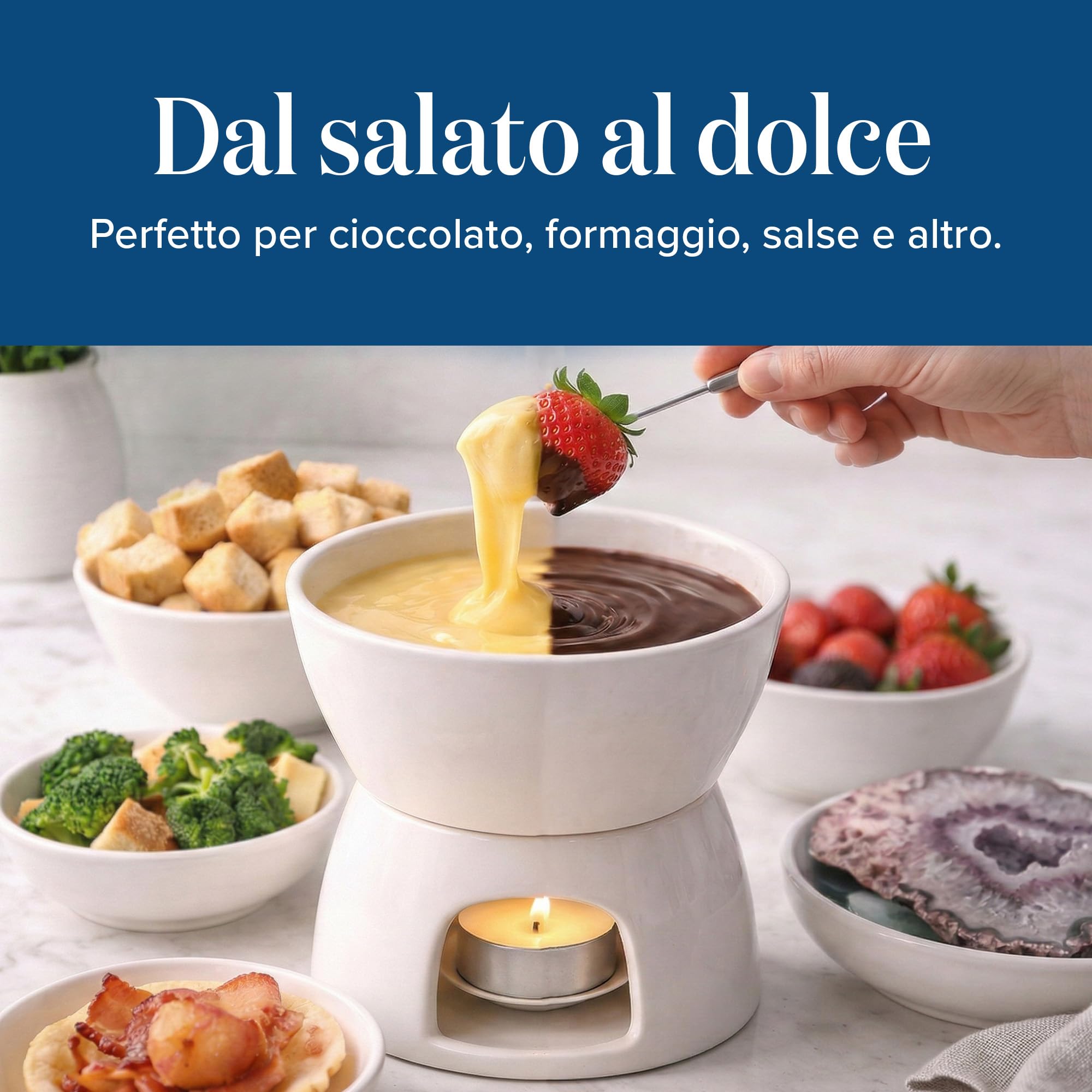 Ceramica Fonduta Set con Candela e Forchette - Set Regalo per Fonduta Riscaldato