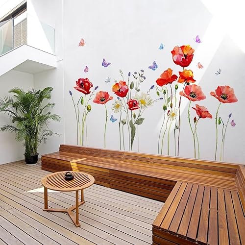 Miniatura 4 de AWAKINK Calcomanías de pared florales de flores coloridas, murales, acuarela, plantas verdes, calcomanías de pared de mariposas, arte de pared,