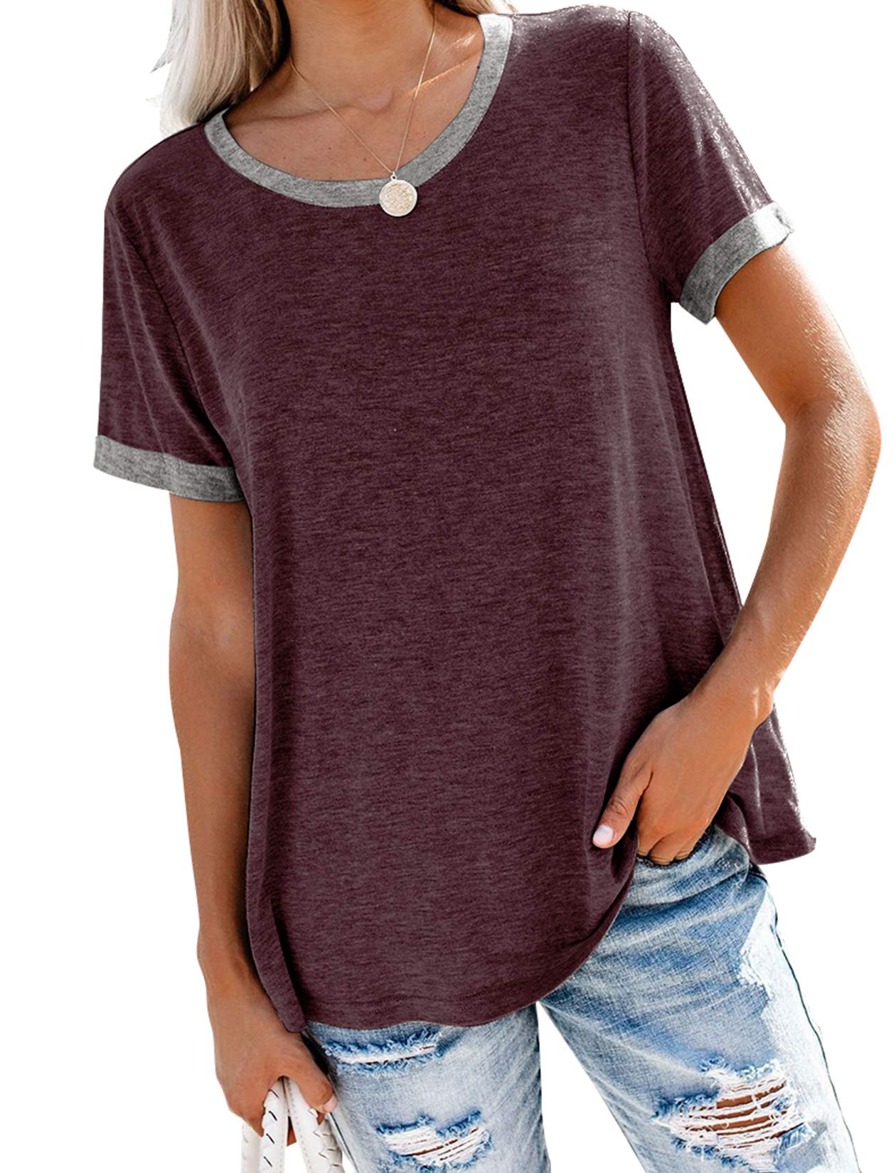 Bingerlily Women's Roll Up Short Sleeve T Shirts Crew Neck Tops Loose Causal Tees with Pocket