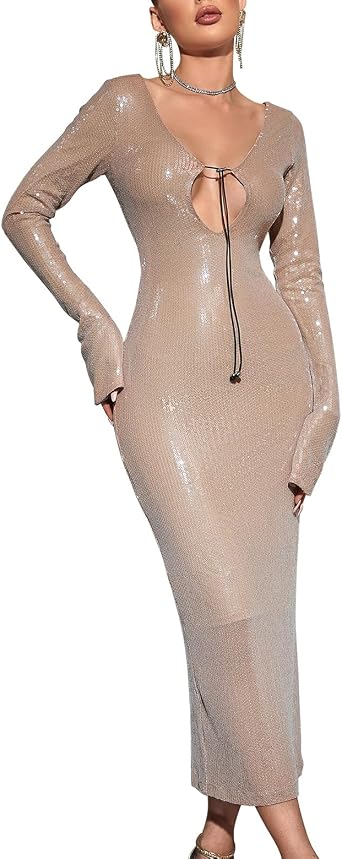 Womens V Neck Long Sleeve Glitter Sequins Mermaid Evening Gown Dress