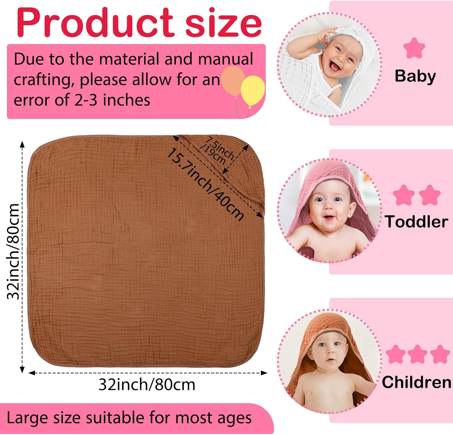 Peryiter 6 Pcs Muslin Hooded Baby Towels, 32"x 32" Cotton Newborn Bath Towel Muslin Infant Baby Blankets Absorbent Unisex Newborn Registry Gift Essentials for Girls Boys (Red) - Image 2