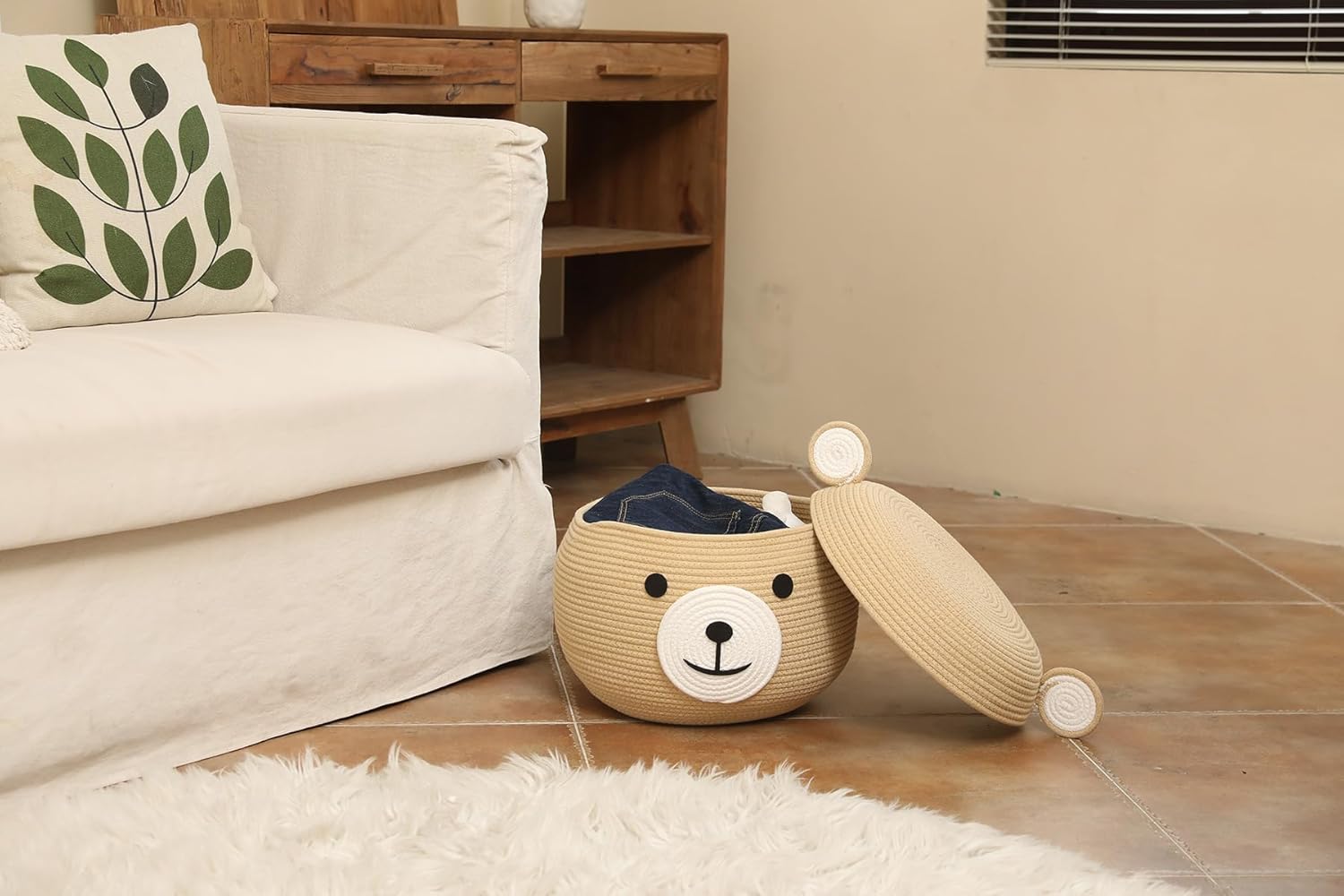 Cottonphant Handcrafted Animal Inspired Basket with Lid | Cotton Storage Solution for Organization in Bedroom | Perfect Organizer for a Shower or Retreat, Beige Bear, 15"x12"