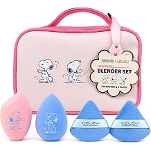 CELAVI x Peanuts Snoopy Makeup Blender Set with Travel Bag - 4 Pc Beauty Sponge & Powder Puff Kit for Foundation & Concealer - Cute Pink Portable Cosmetic Case with Handle