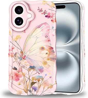 Magnetic Flower Case for iPhone 16, Wave Edge Floral Women Girls Phone Case Compatible with Magsafe, Cute Waves Border Exquisite Case Stylish Durable TPU Protective Case Pink Flower