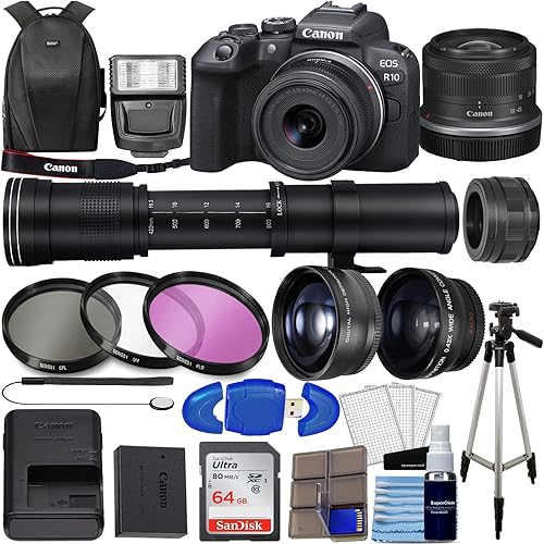 Canon Cámara sin espejo EOS R10 con RF-S 0.709-1.772 in f4.5-6.3 es lente STM + lente de zoom de 16.535-31.496 in + lente gran angular y