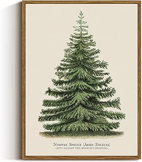 VIYYIEA Framed Canvas Wall Art, Vintage Christmas Decor, Living Room Botanical Fir Pine Tree Winter Decor for Bedroom Bathroom, Xmas Holiday Decorations Gifts, 12x16 Inch