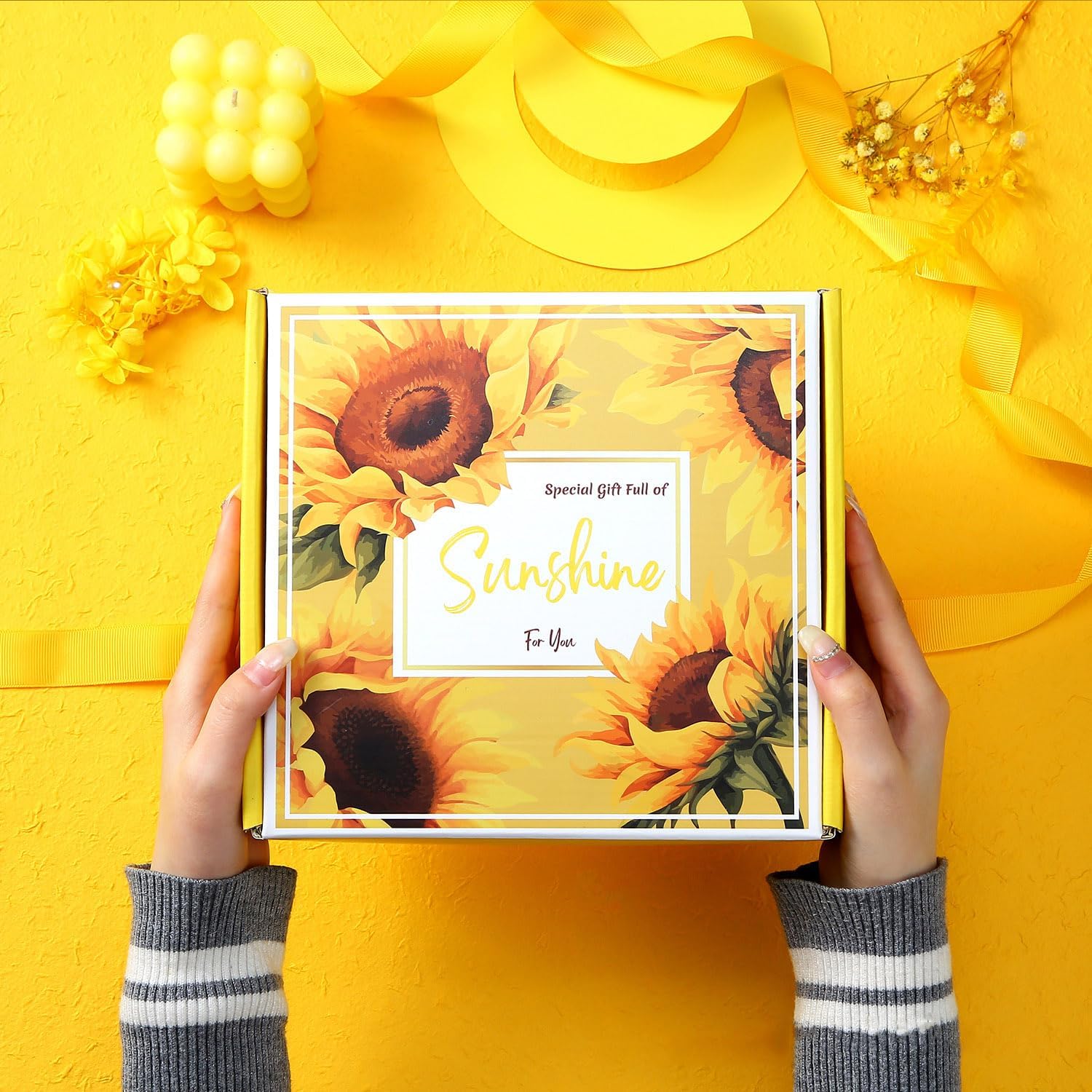 Regalos para mujeres, paquete de cuidado personal para mujeres, cestas de regalo de girasol de ganchillo para mujeres, cumpleaños, día de la madre, regalos únicos para enviar sol