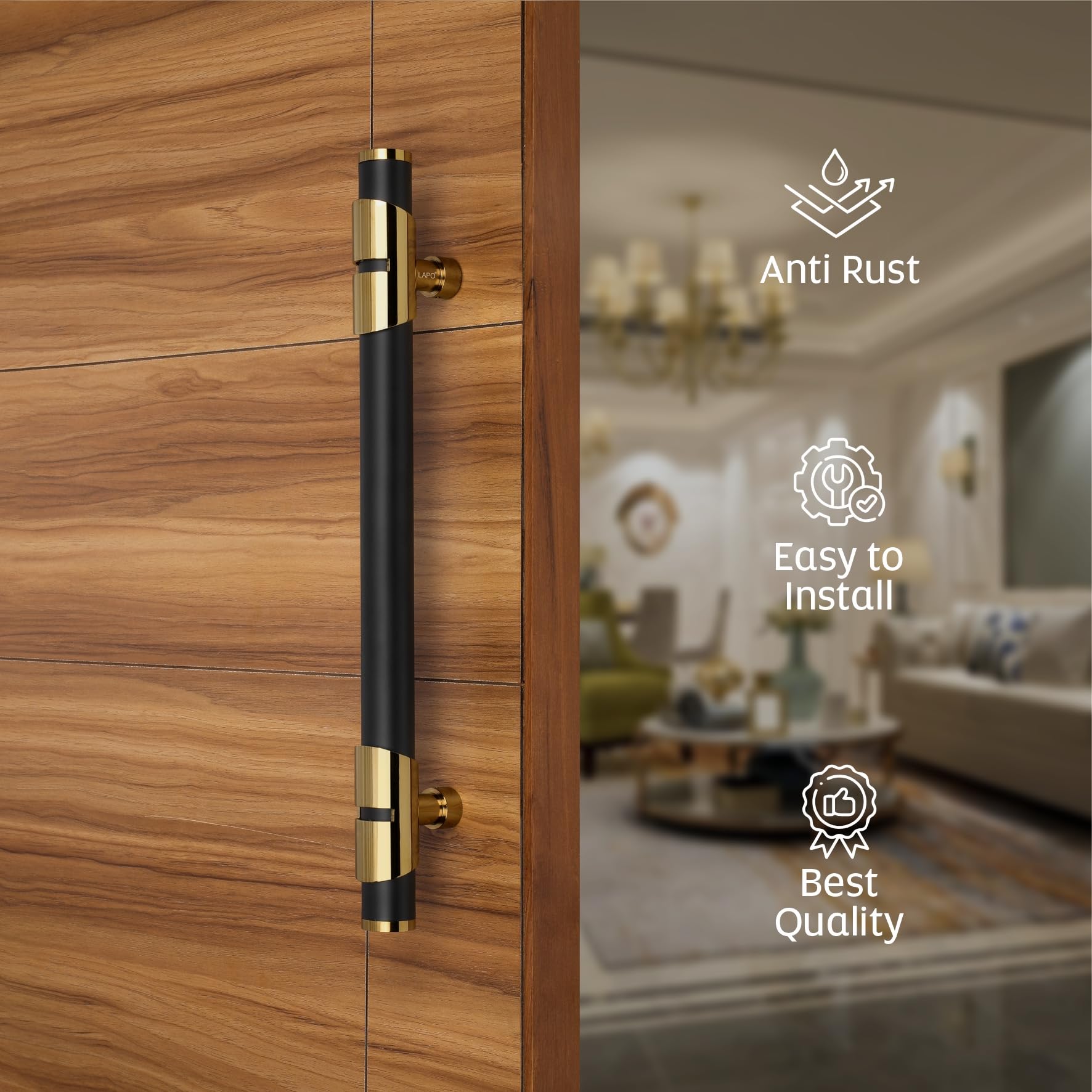 LAPO Door Handle for Main Door 60 inch, Wooden & Glass Door Handle, Door Pull Push Handle,Stainless Steel Pipe and Brass Base-Pack of 1 | Black-Gold Finish | 3 Years Warranty — Amazon image 4