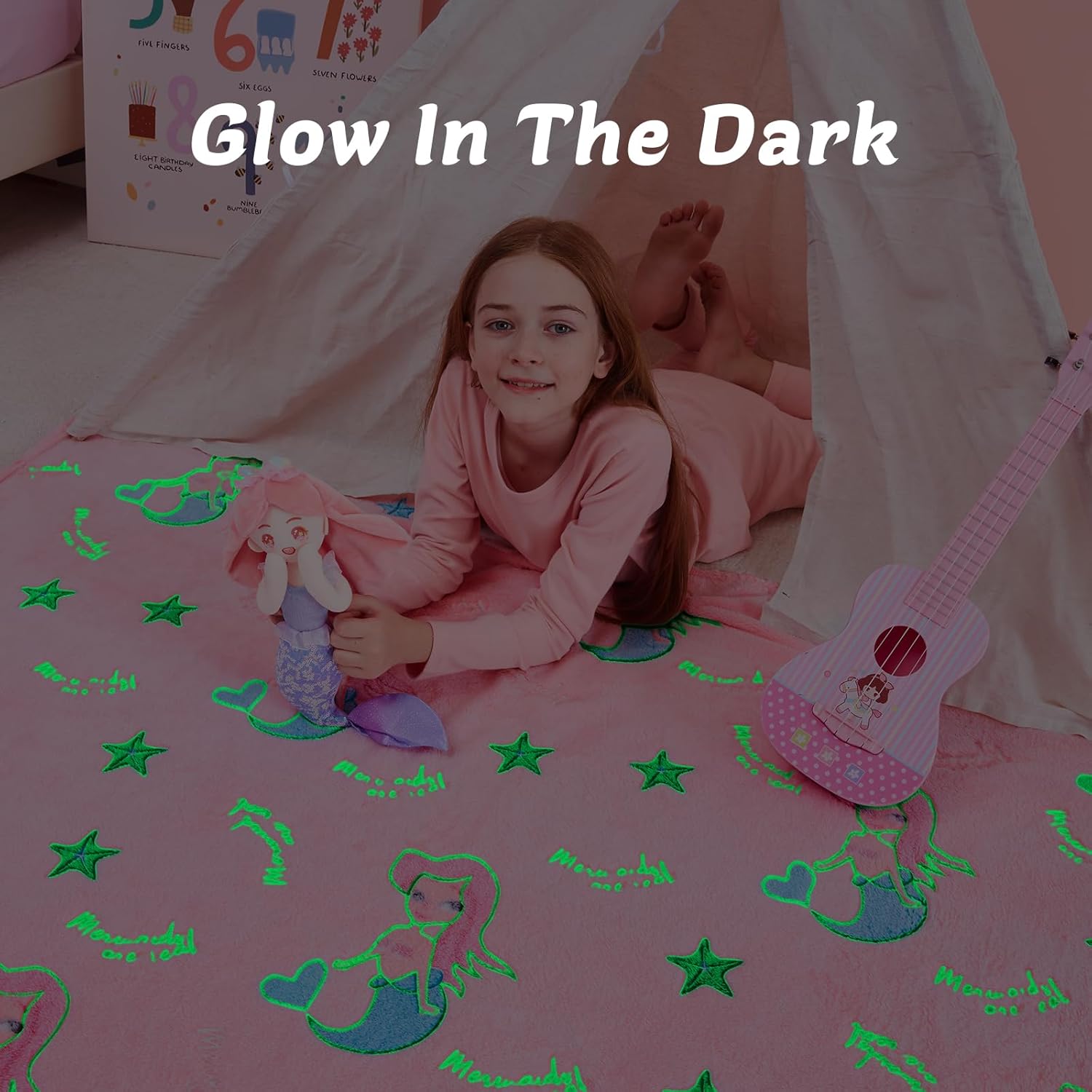 QSTEHEML Mermaid Valentines Day Gifts for Girls,Gifts Toys for Girls Kids,Glow in The Dark Blanket Birthday Soft Luminous Throw Blanket for Age 3-12 Years Old Toddler Teens Child Daughter 50"x60" - Image 2