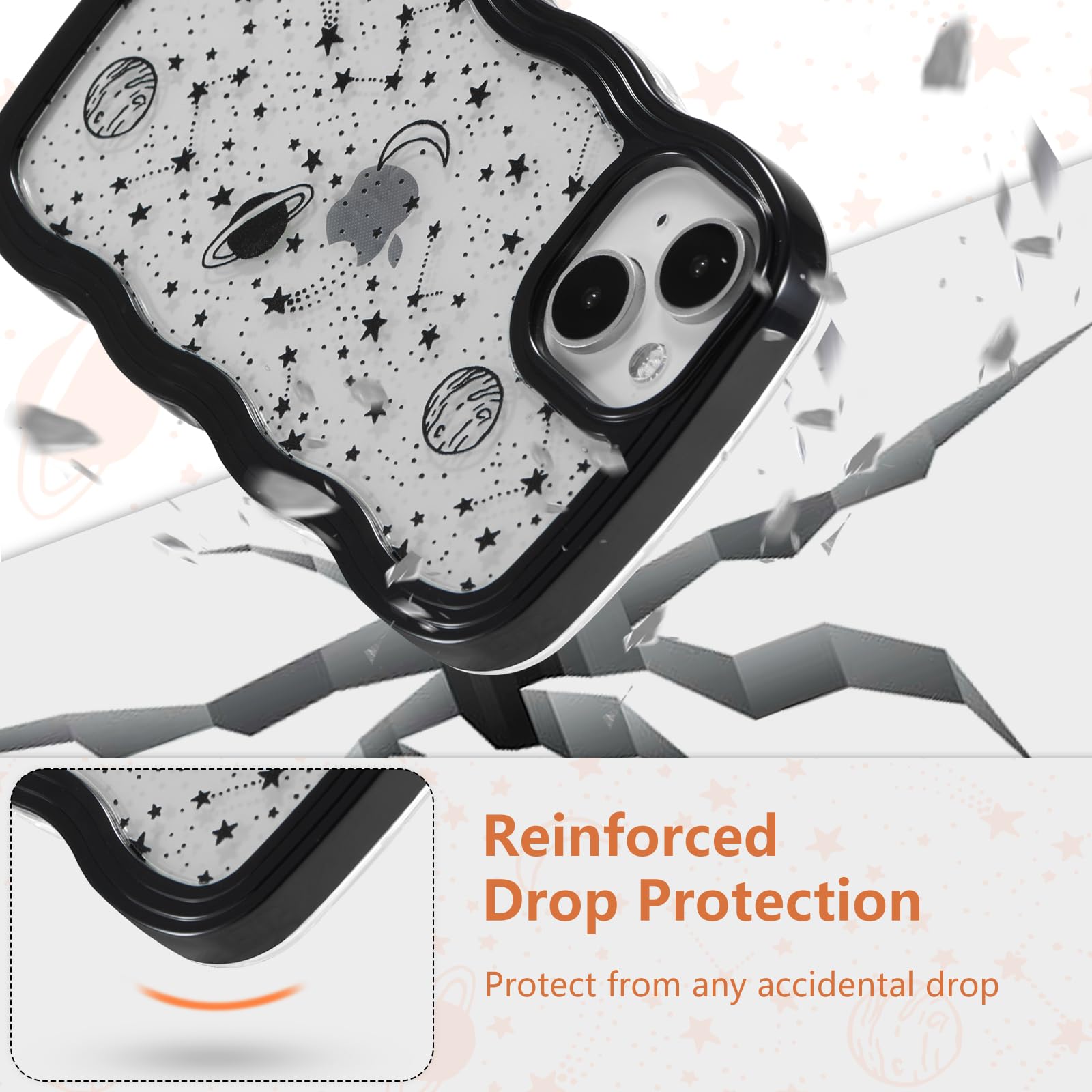 ZTOFERA Wavy Case for iPhone 15 (6.1"), Cute Clear Protective Case with Planet Star Moon Pattern - Image 4