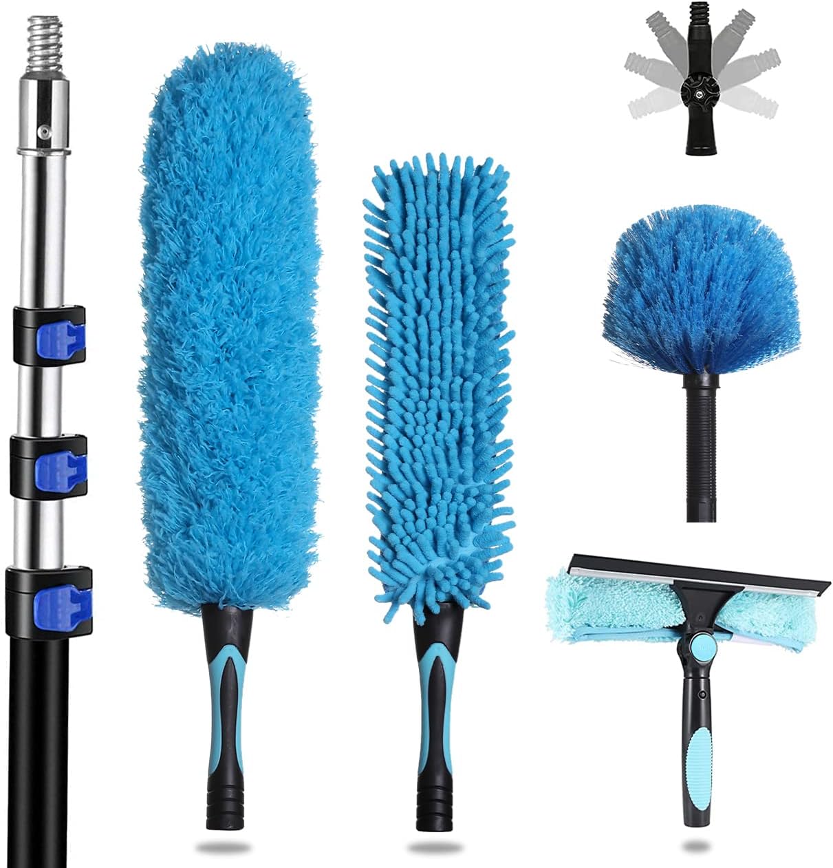 MAYKI 20 Foot High Reach Dusters for Cleaning 5 PCS, Ceiling Fan Dusters with Extension Pole, Cobweb Duster with Extension Pole for High Ceilings/Fans, 2 in 1 Window Squeegee Duster