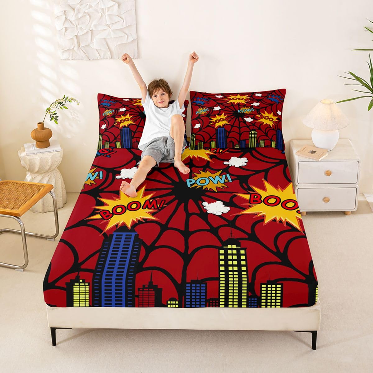 Sábana bajera ajustable de telaraña tamaño King (no plana), juego de ropa de cama de 3 piezas, diseño de edificio urbano de dibujos animados, decoración de habitación de niños y mujeres, sábanas con