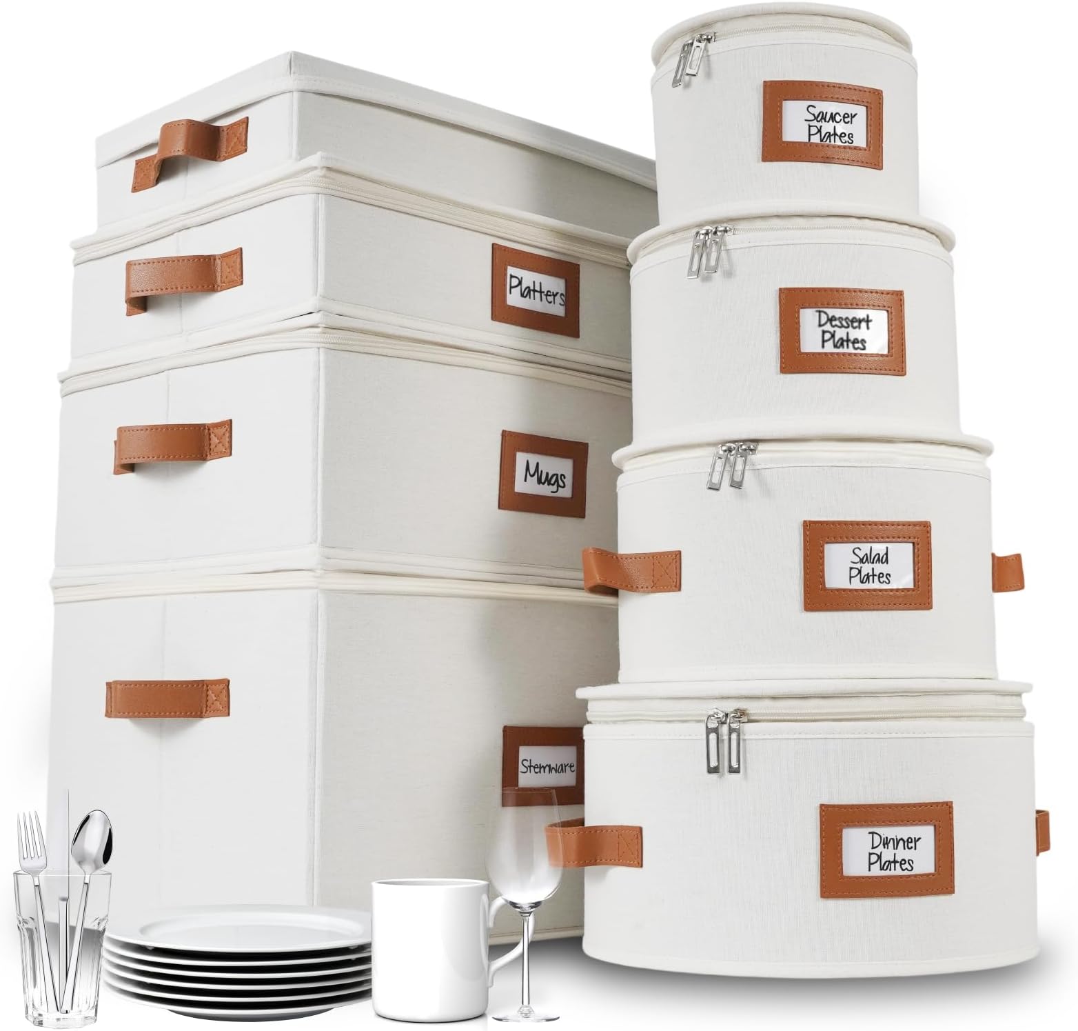 Hard Shell China Storage Containers, 8pc Ivory Mug & Plate Storage Box, Kitchen Storage Bins W/Lids, Heavy Duty Moving Box with Handles for Dishes, Glassware, Silverware, Cup & Mug