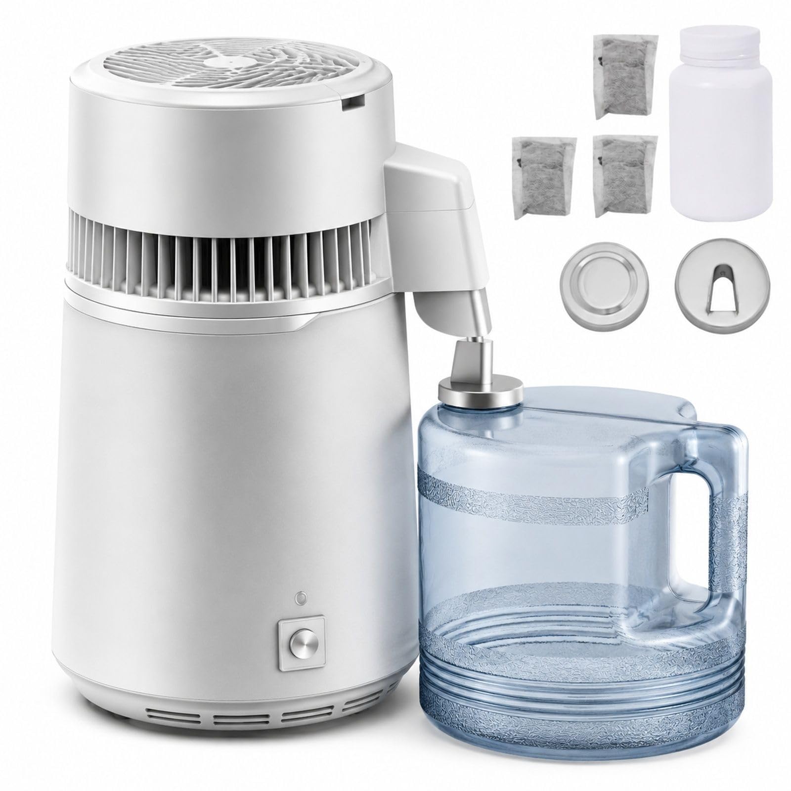 Distillateur d'eau 4 L avec cuve en acier inoxydable 304, puissance 750 W, débit de distillation 1,3 L/h et commande par interrupteur