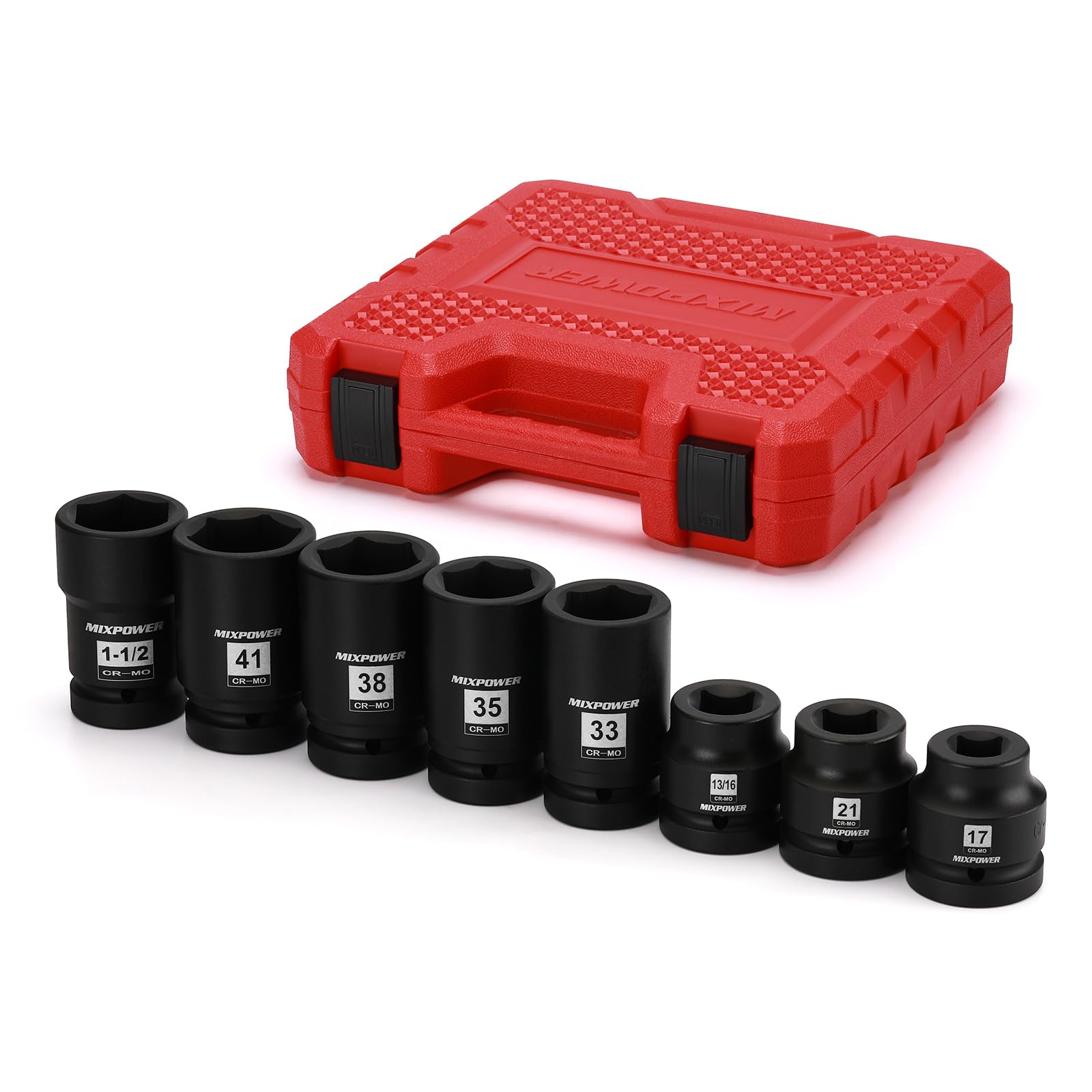 MIXPOWER 8PCS 1"Drive Impact Socket Set - 17mm, 21mm, 13/16" Square, 1-1/2" Budd Wheel, 33mm, 35mm, 38mm, 41mm Deep Impact Sockets for Truck Tire