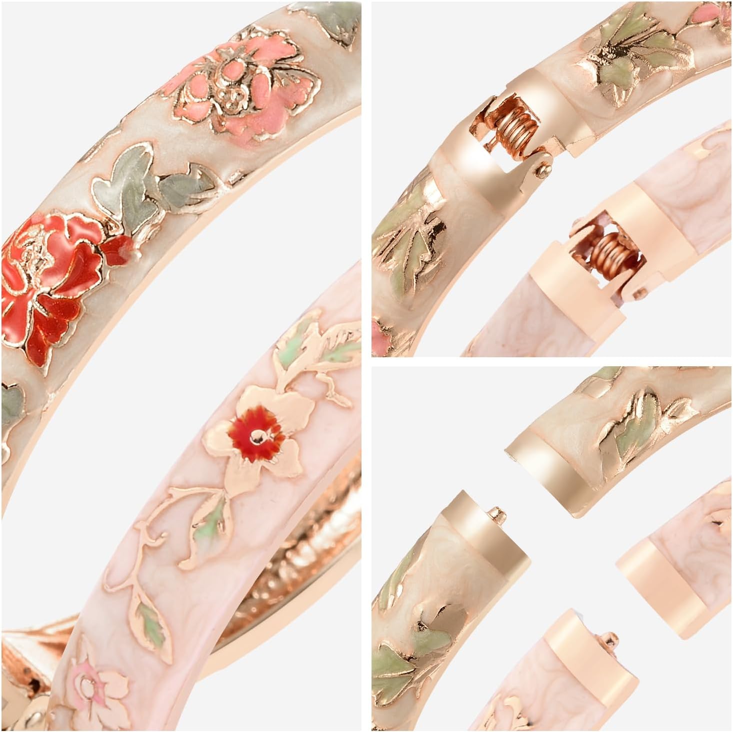 UJOY Vintage Bracelet Plated Enameled Jewelry Spring Hinge Metal Cuff Cloisonne Bangles Set Gift Box Packed 55A