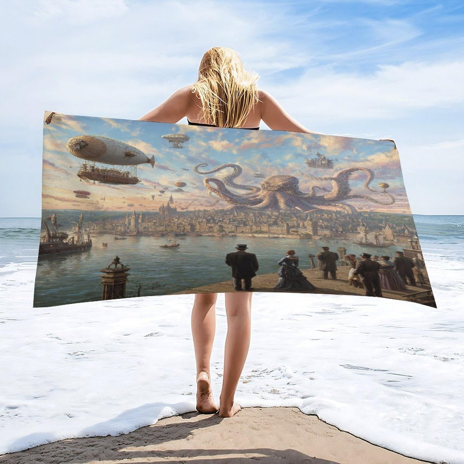 Luyysky Cool Rustic Sea Octopus Quick-Drying Beach Towel, Retro Oil Painting Nautical Ocean Animal Octopus Hot Air Balloon Travel Vacation Single Sided Pile Bathroom Towels-80 W Cm X 160" L Cm