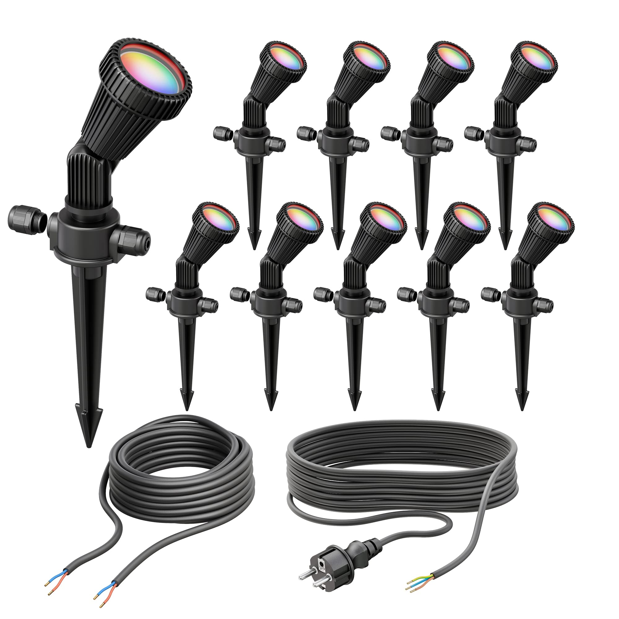 ledscom.de 10er Set Gartenstrahler mit Erdspieß PIRK, für außen, IP44, schwarz, Stecker, inkl. Smart Home RGBW GU10 LEDs je 473lm