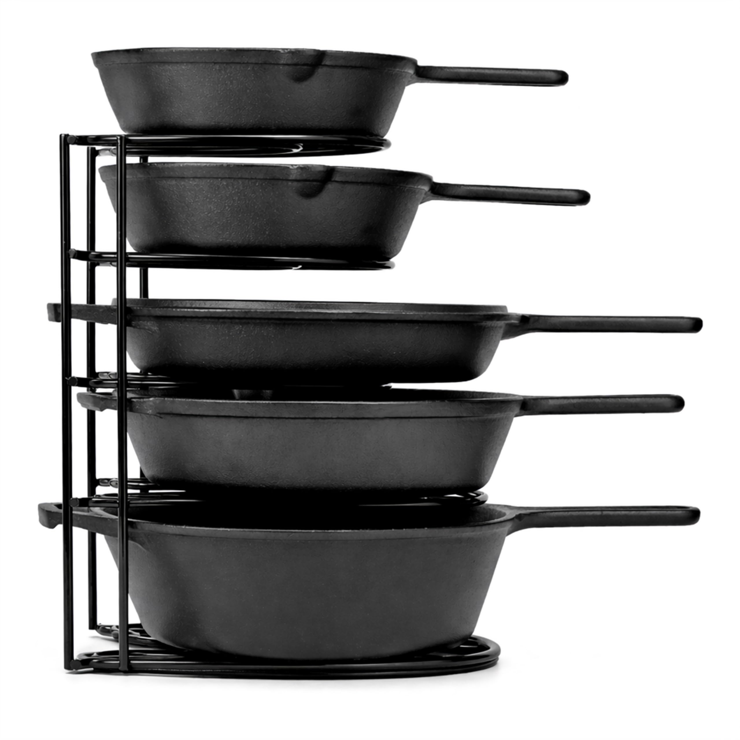 Livzing 5 Tier Pan Rack Organizer for Kitchen | Heavy Duty Metal Pot & Pan Stand | Space Saving Cookware Holder for Tawa, Frying Pan, Kadai | Cabinet & Countertop Storage Rack (Black, 30.5x20x23 cm)