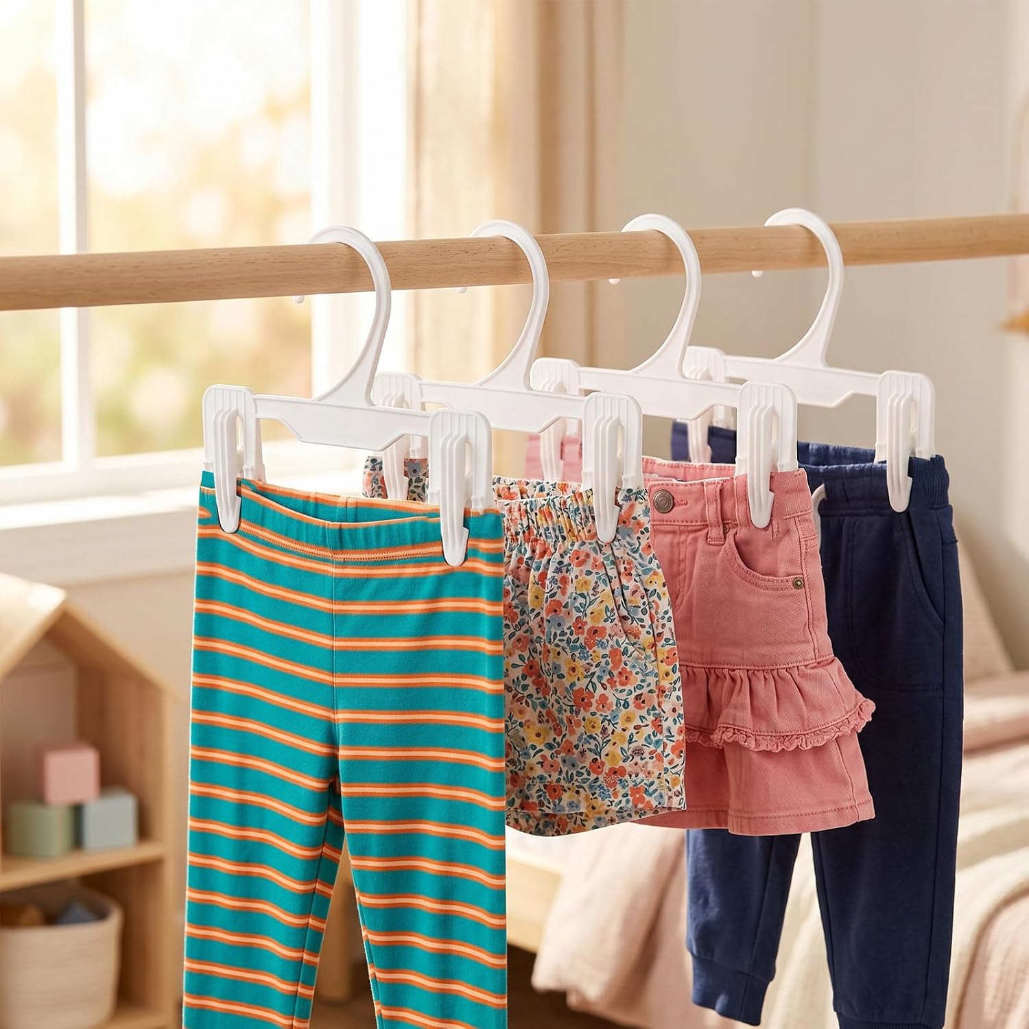 110pcs Kids Pants Skirt Hangers, Plastic Infant Hangers Closet Arranger Space Saving Skirt Apparel for Children Wardrobe Arrangement and Garment Shop