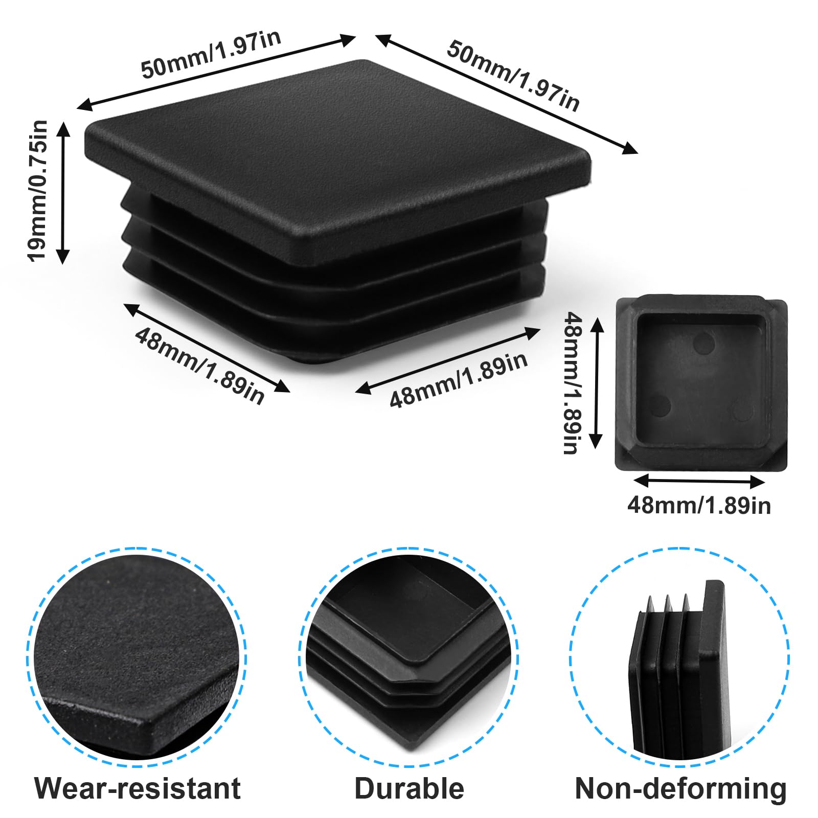 TXXATX Box Section End Caps 50x50 mm Reusable Plastic End Caps 8 Pieces Square Worktop End Cap Insert Post Caps Black Plastic Caps Tube Plug for Metal Tube Chair Stoppers Furniture Sofa Table Shelf - Image 2