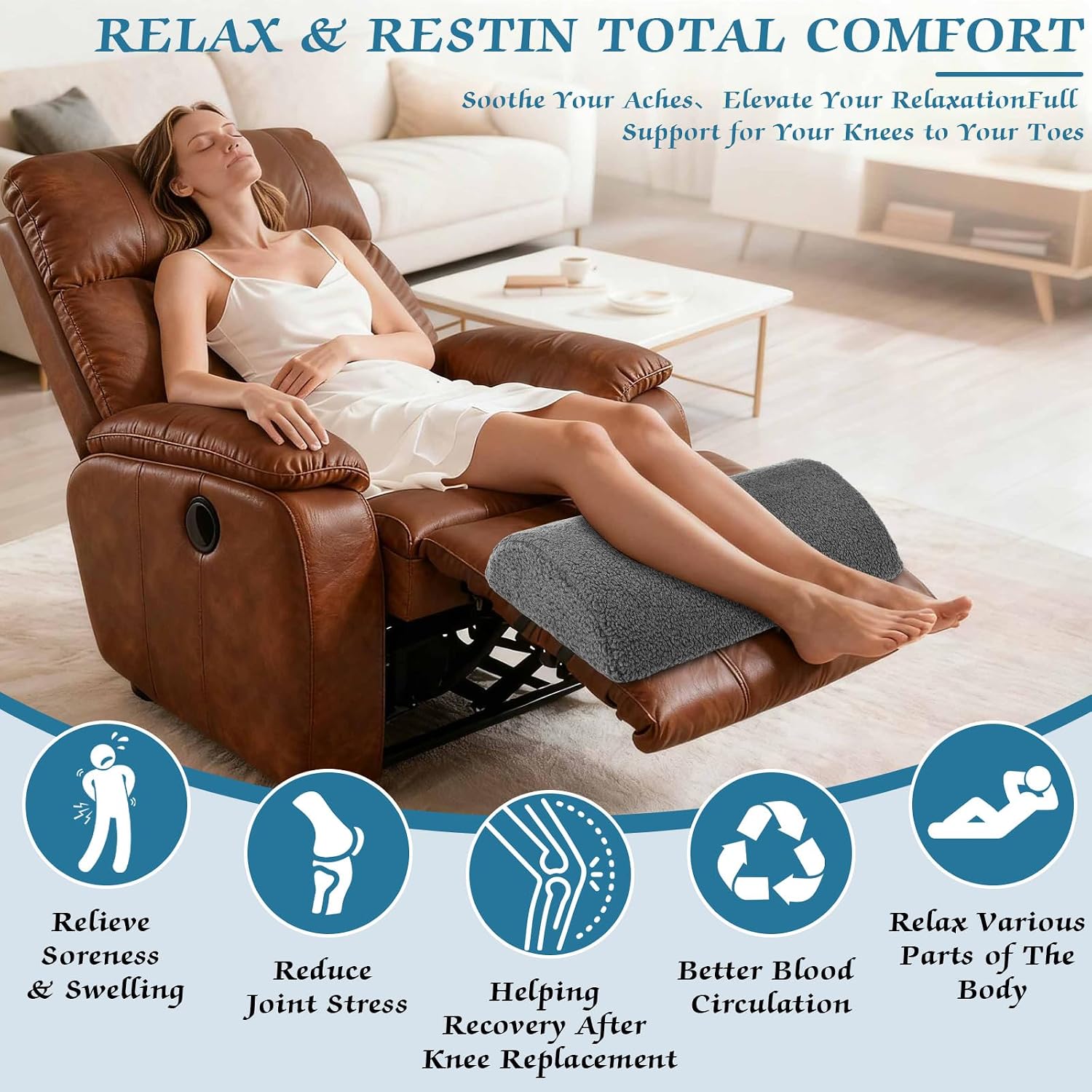 Queekay Recliner Leg Rest Cushion Large Half Moon Bolster Pillow 22.8 x 9.84 x 4 Inch Lumbar Support Pillow Bed Sleeping Semi Roll for Legs, Knees, Lower Back, Ankle and Foot Washable Cover(Grey)