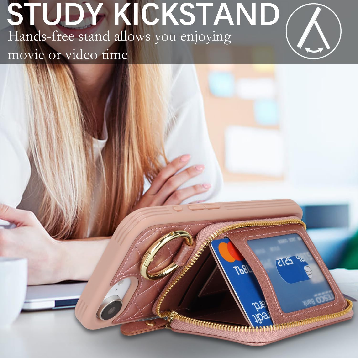 for iPhone 17e/16e Case Wallet with Card Holder,for iPhone 17e/16e Phone case Wallet with Zipper with Slot Kickstand Stand Case for Women and Man 5G 6.1 Inch-Rose Gold