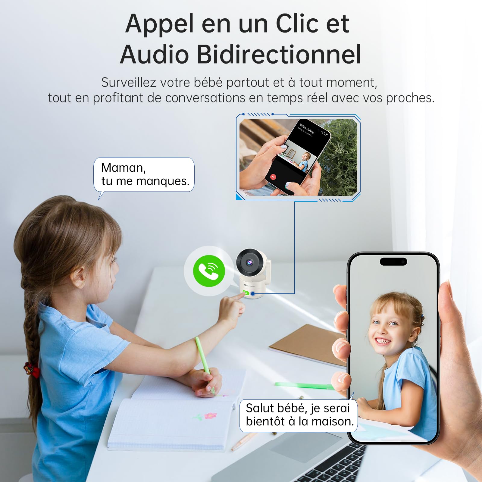 SYMYNELEC 2K Caméra de Surveillance Intérieure WiFi 5GHz/2,4GHz, 2 Pièces | Caméra 360°, Détection Humaine, Vision Nocturne, Appel en un Clic, Audio Bidirectionnel, Surveillance Bébé/Animaux, Alexa