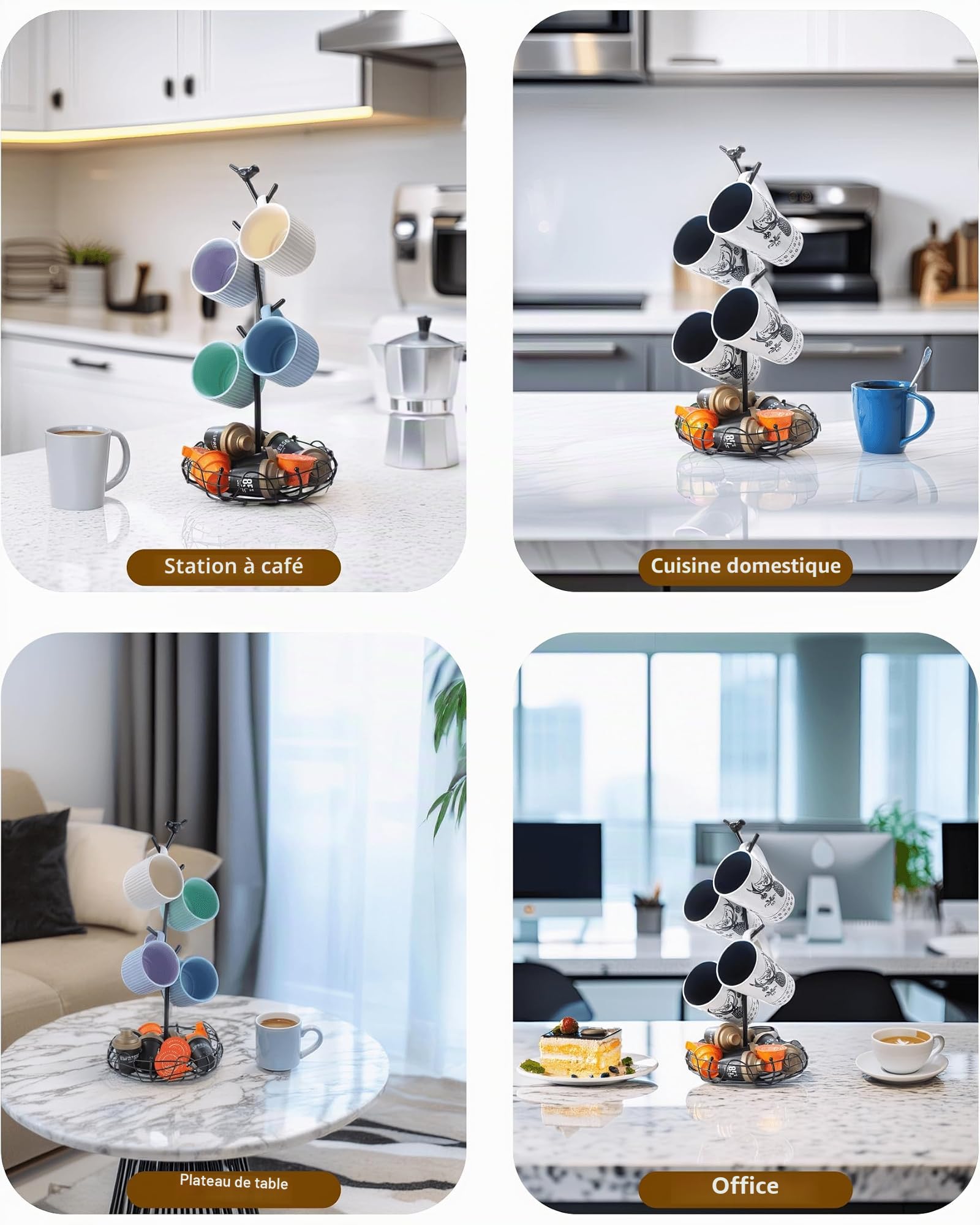 Porte-tasses décoratif pour comptoir | Arbre à tasses à café avec panier de rangement nid d'oiseau | Peut contenir 4 grandes tasses | Décoration de cuisine fantaisiste, accessoires de bar à café et