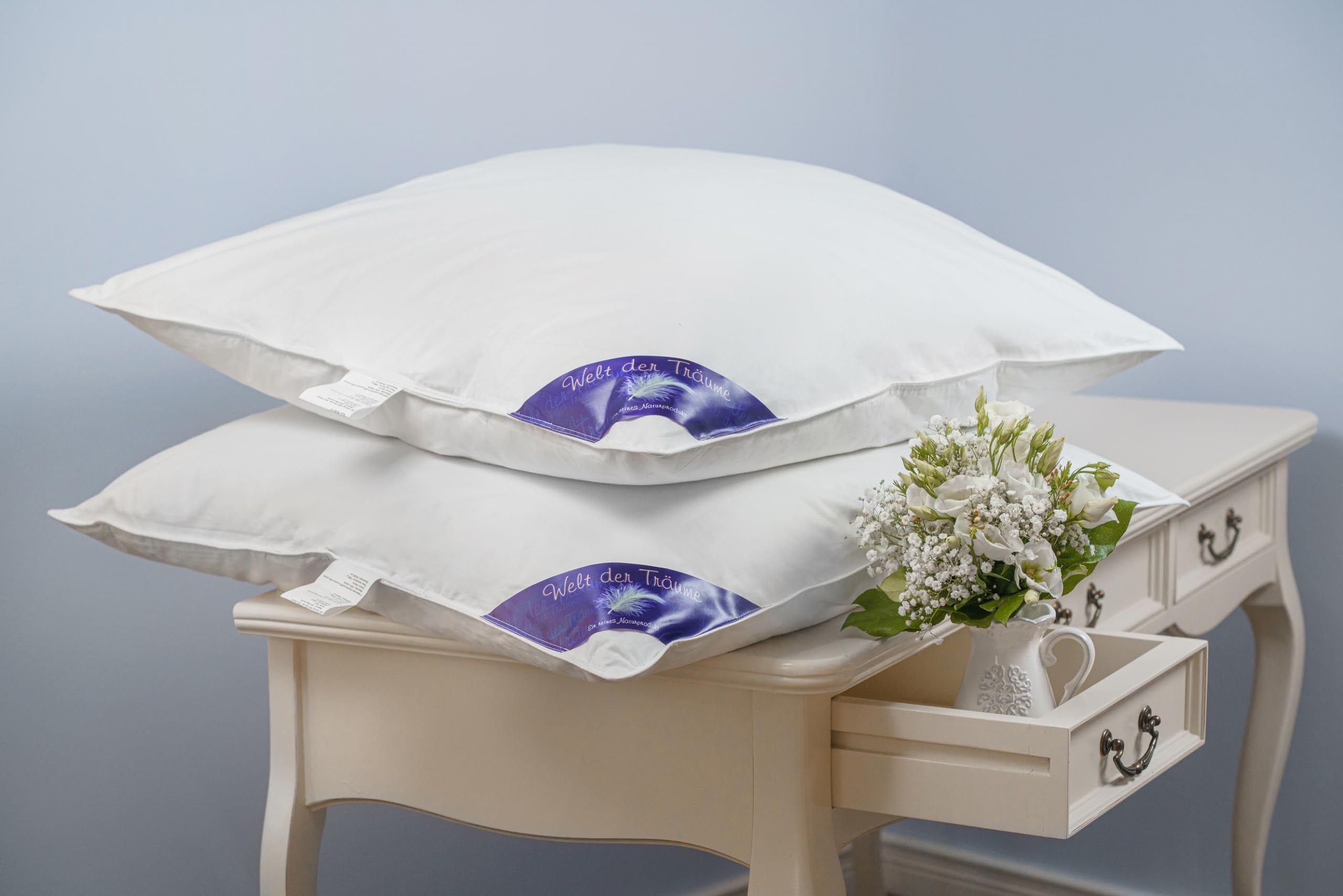 Welt-der-Träume Luxus Daunen Kissen 100% Natur Daunen-Federn Füllung 1380 Gramm 80x80 Kopfkissen Kissen