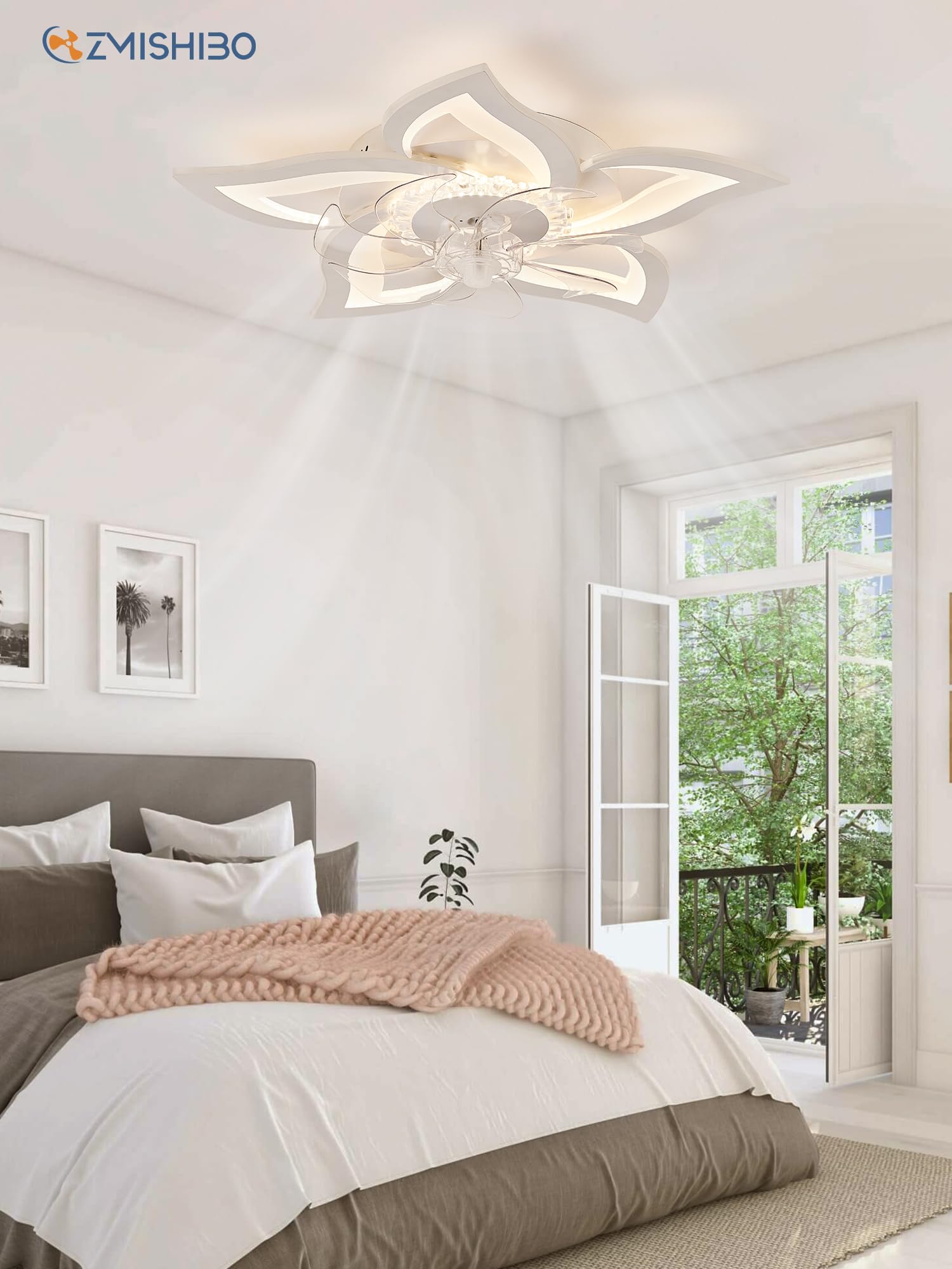 ZMISHIBO Lustre Ventilateur de Plafond Floral à 69cm, Moteur CC Inversible 6 Vitesses, LED Dimmable avec Lumière, Bluetooth APP, Lampe Ventilateur Silencieuse pour Chambre Cuisine Salle à Manger,Blanc