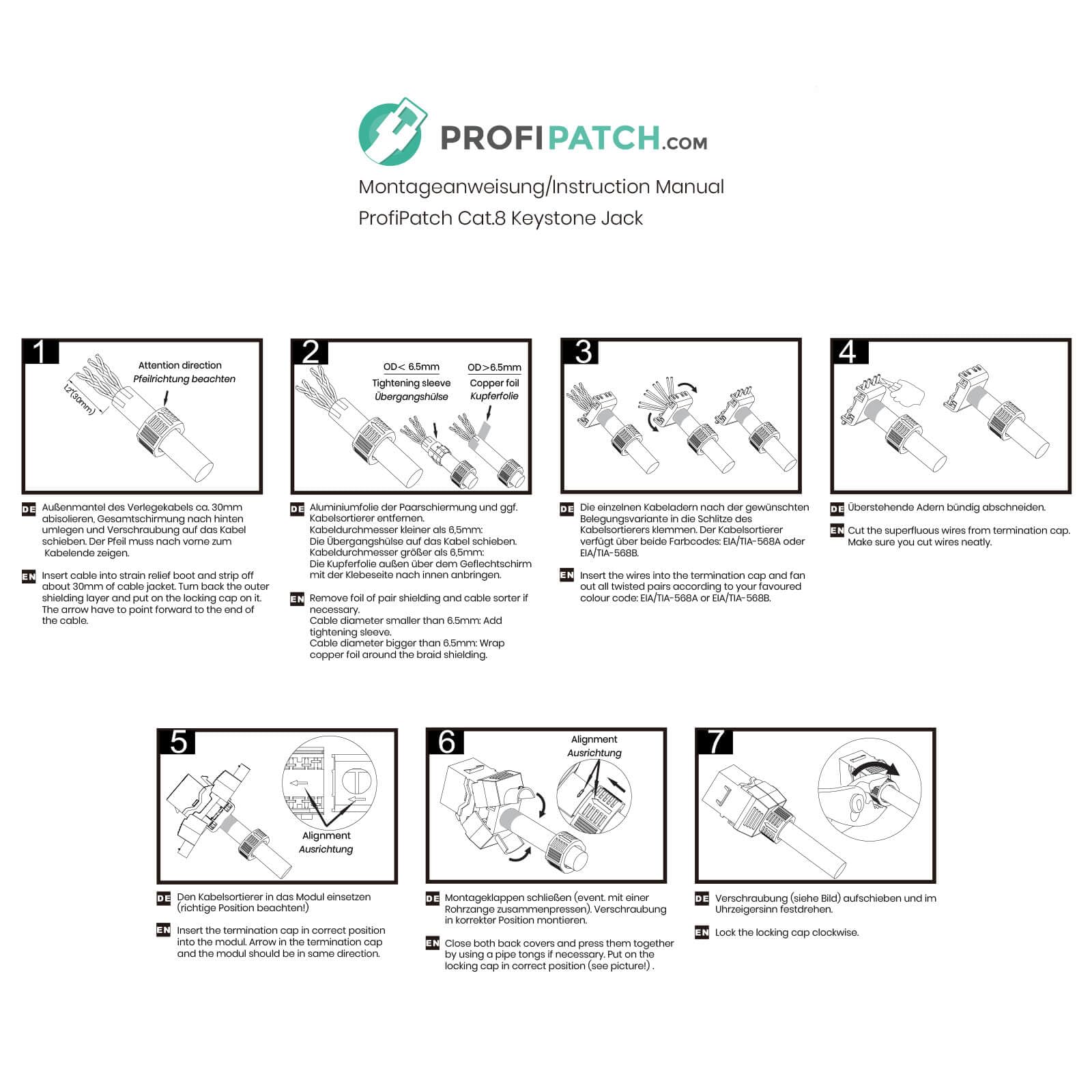 ProfiPatch Cat8 Patchpanel mit 24 Keystone Module RJ45 Patchfeld 19 Zoll 40 Gbit/s 2000MHz 24 Port Verteilerfeld RJ45 Rackeinbau Geschirmtes Keystone Patchpanel 1HE für Verlegekabel, Lan Kabel schwarz