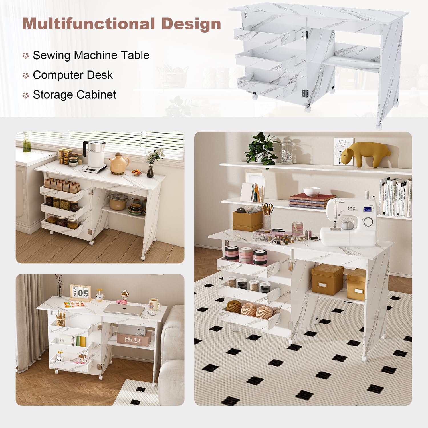 Folding Sewing Machine Table, Multi-Sewing Table with Storage Trays, Shelves, Foldable Sewing Machine Cabinet Craft Table with Lockable Wheels for Small Spaces (45 Inch)