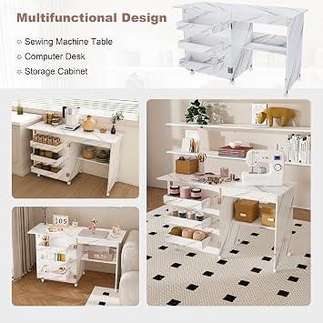 Folding Sewing Machine Table, Multi-Sewing Table with Storage Trays, Shelves, Foldable Sewing Machine Cabinet Craft Table with Lockable Wheels for Small Spaces (45 Inch)