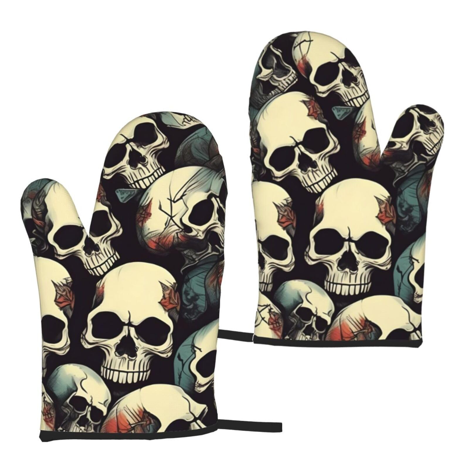 Skull Skeleton Print Heat Resistant Universal Fit Oven Microwave Gloves Home Cooking Baking Grilling